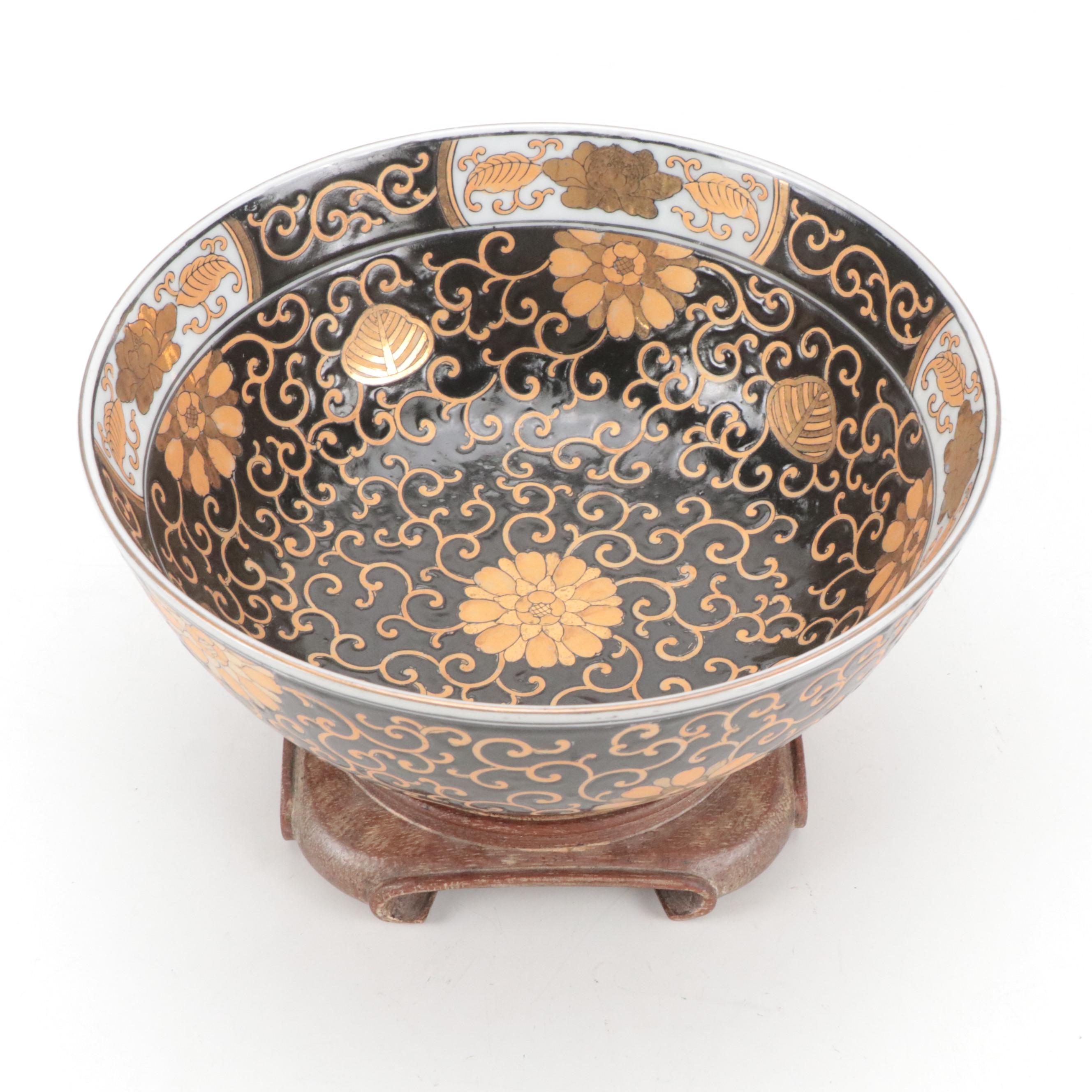 Chinese Enameled Bowl and Stand with Lacquerware Chest, Late 20th Century