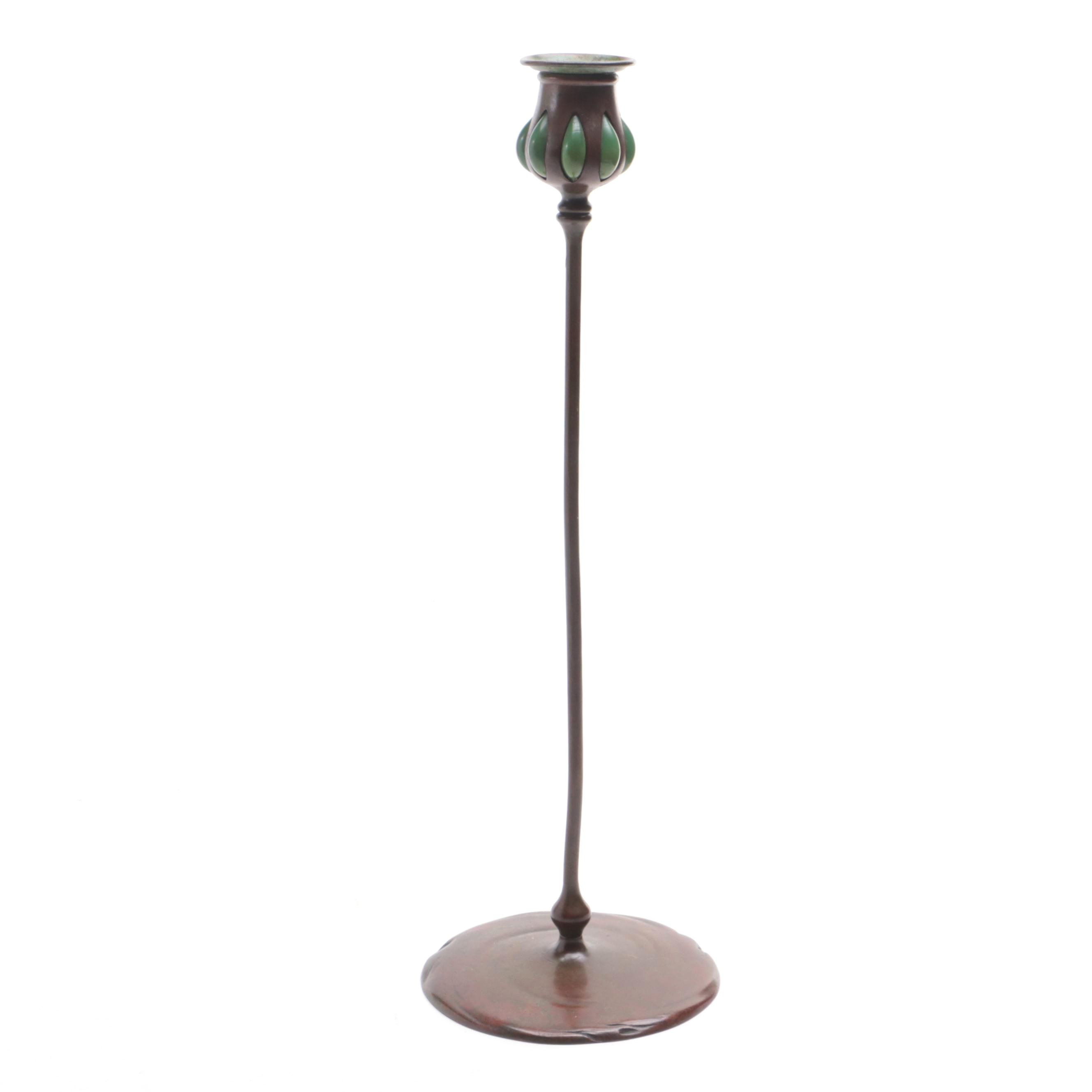Tiffany Studios Arts & Crafts Style Bronze and Green Glass Candlestick, Antique