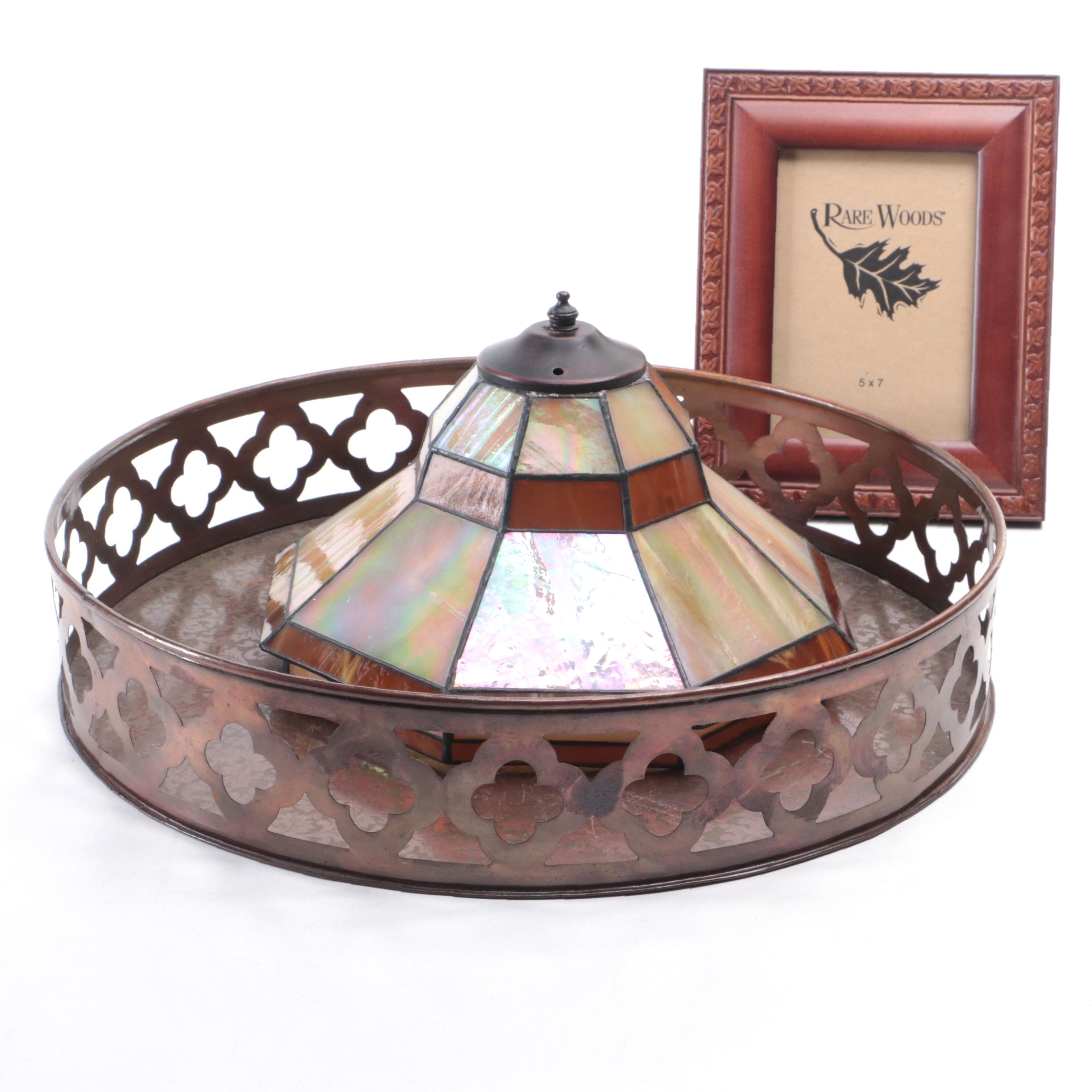 Iridescent Slag Glass Lamp Shade, Pierced Gallery Tray, Rare Woods Photo Frame