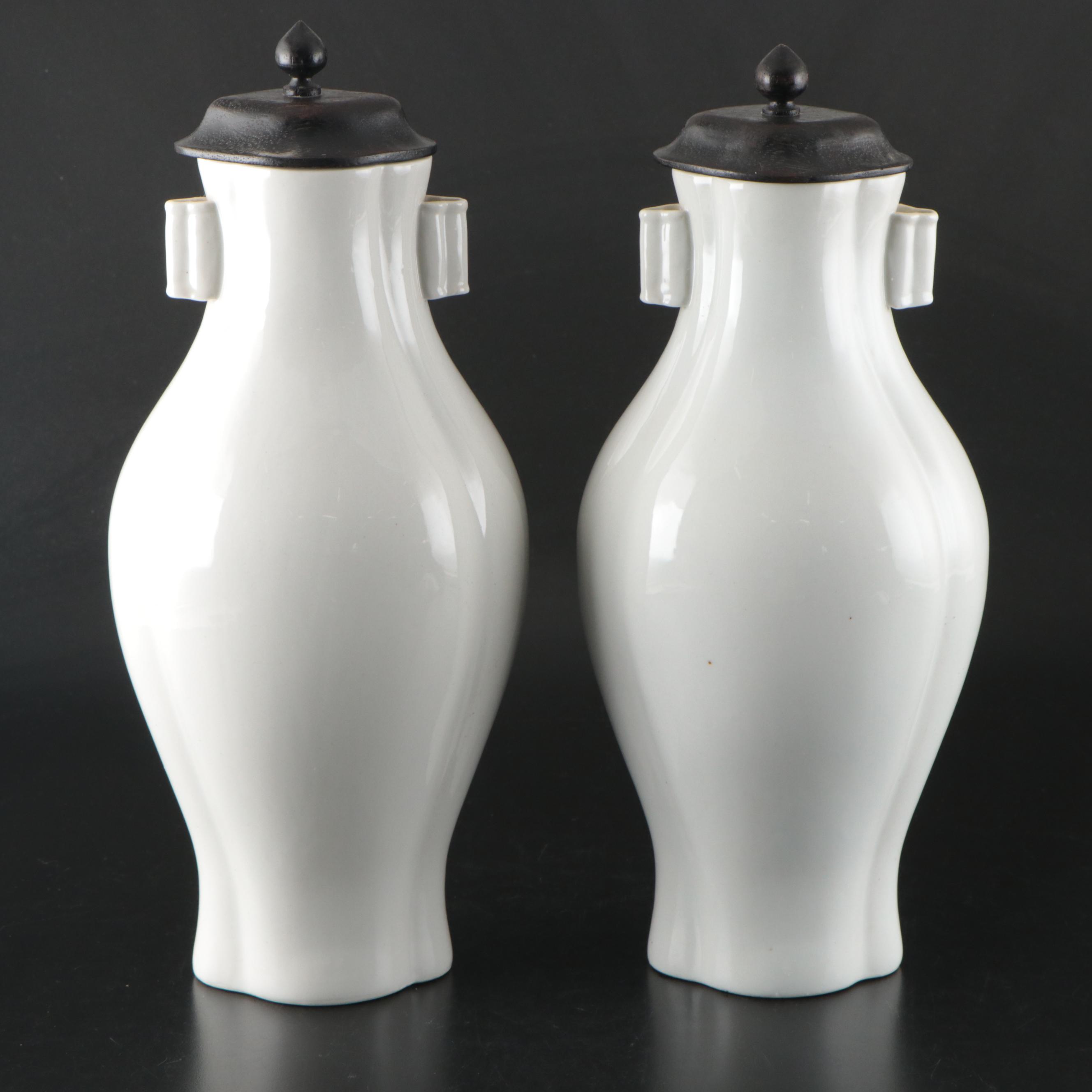 Maitland-Smith Blanc de Chine Porcelain Vases with Wood Lids