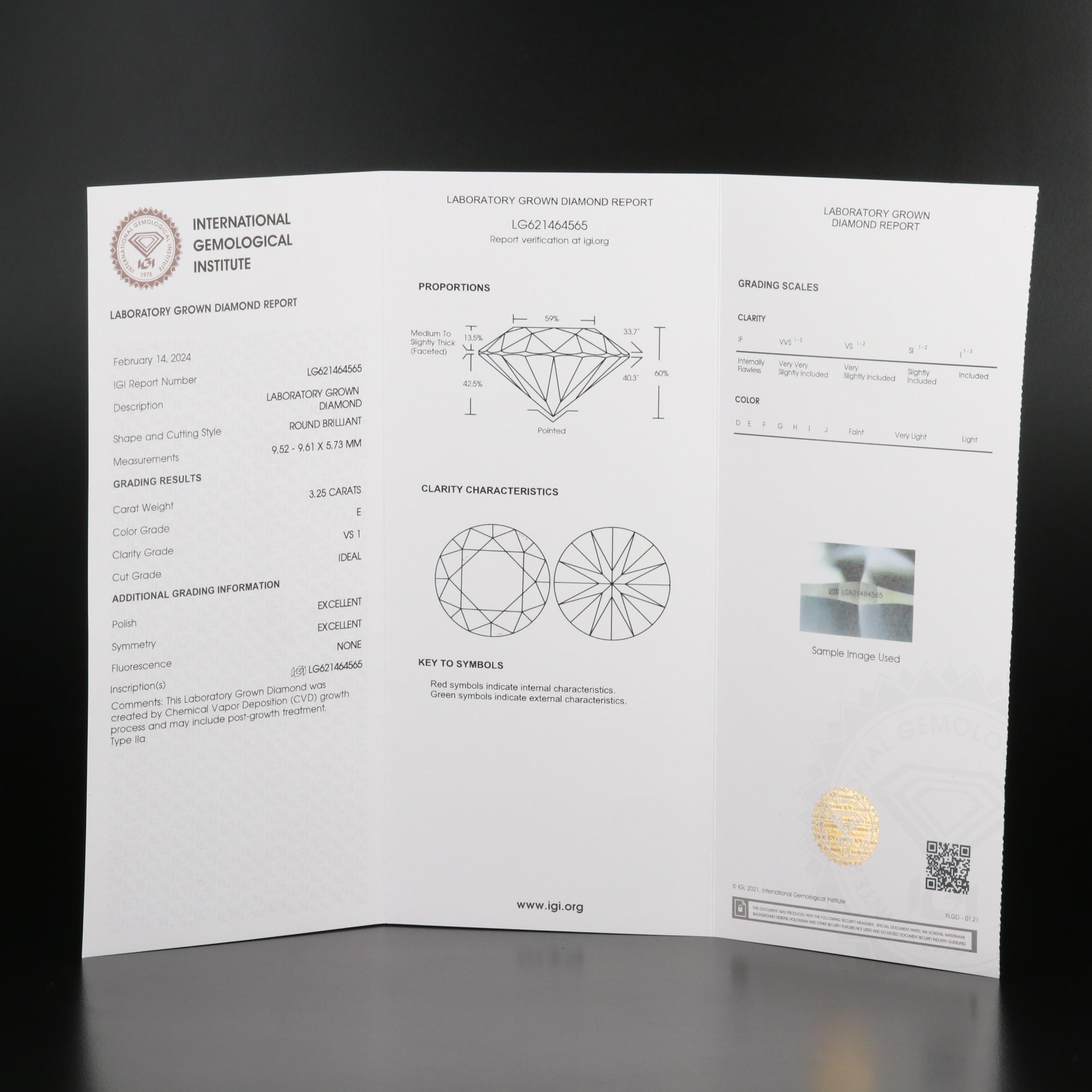 Loose 3.25 CT Lab Grown Diamond Solitaire Pendant Necklace with IGI Report