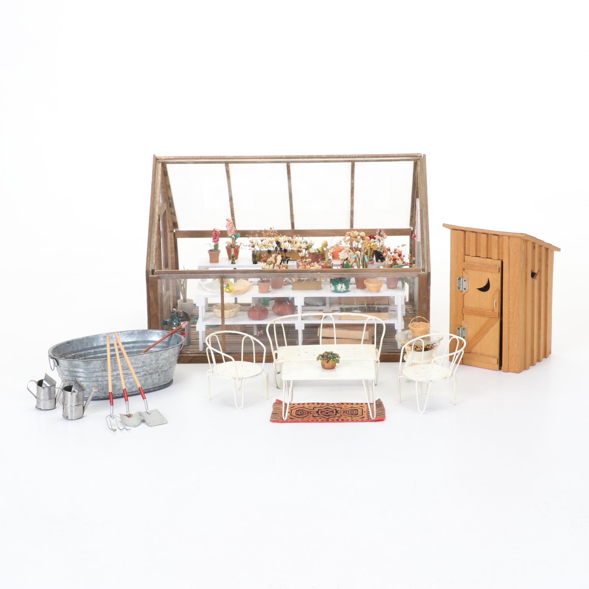 Miniature Greenhouse Scene Shadow Box with Other Dollhouse Furniture and Decor