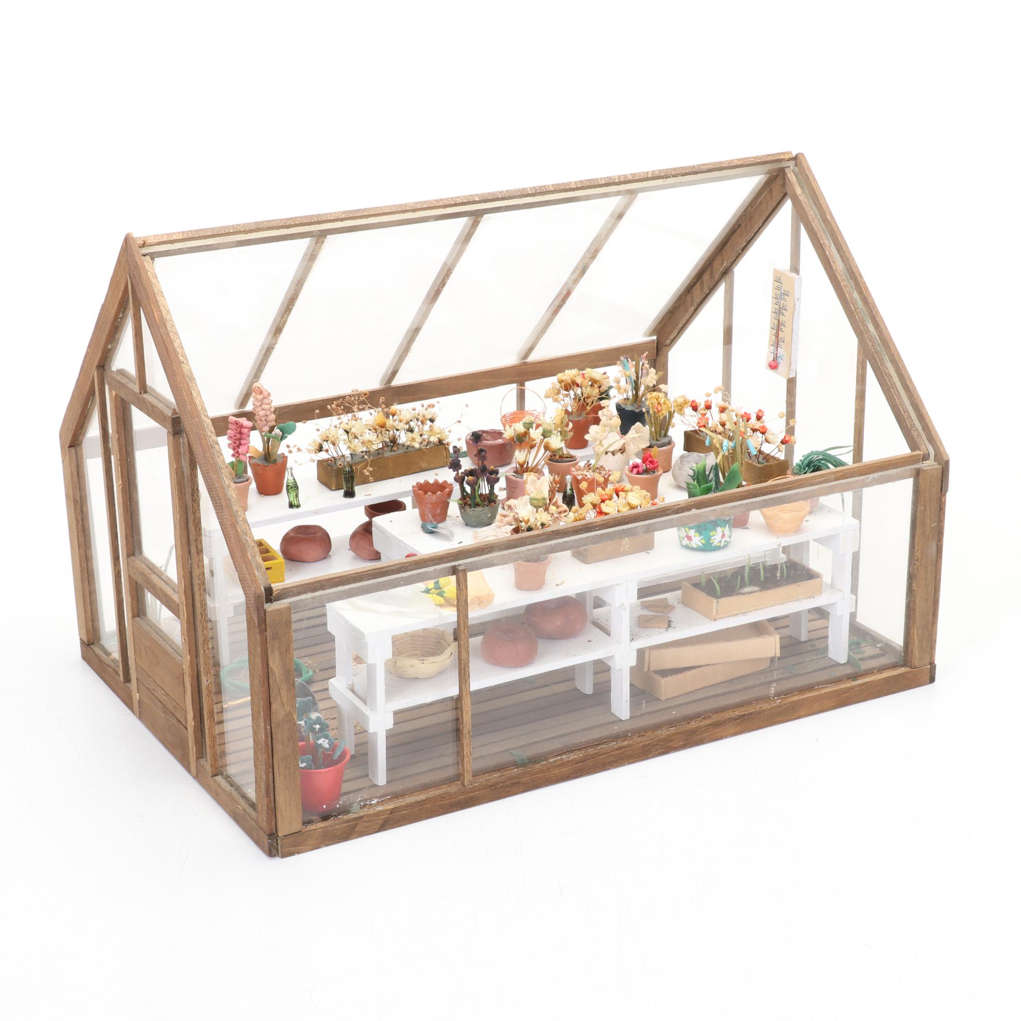 Miniature Greenhouse Scene Shadow Box with Other Dollhouse Furniture and Decor