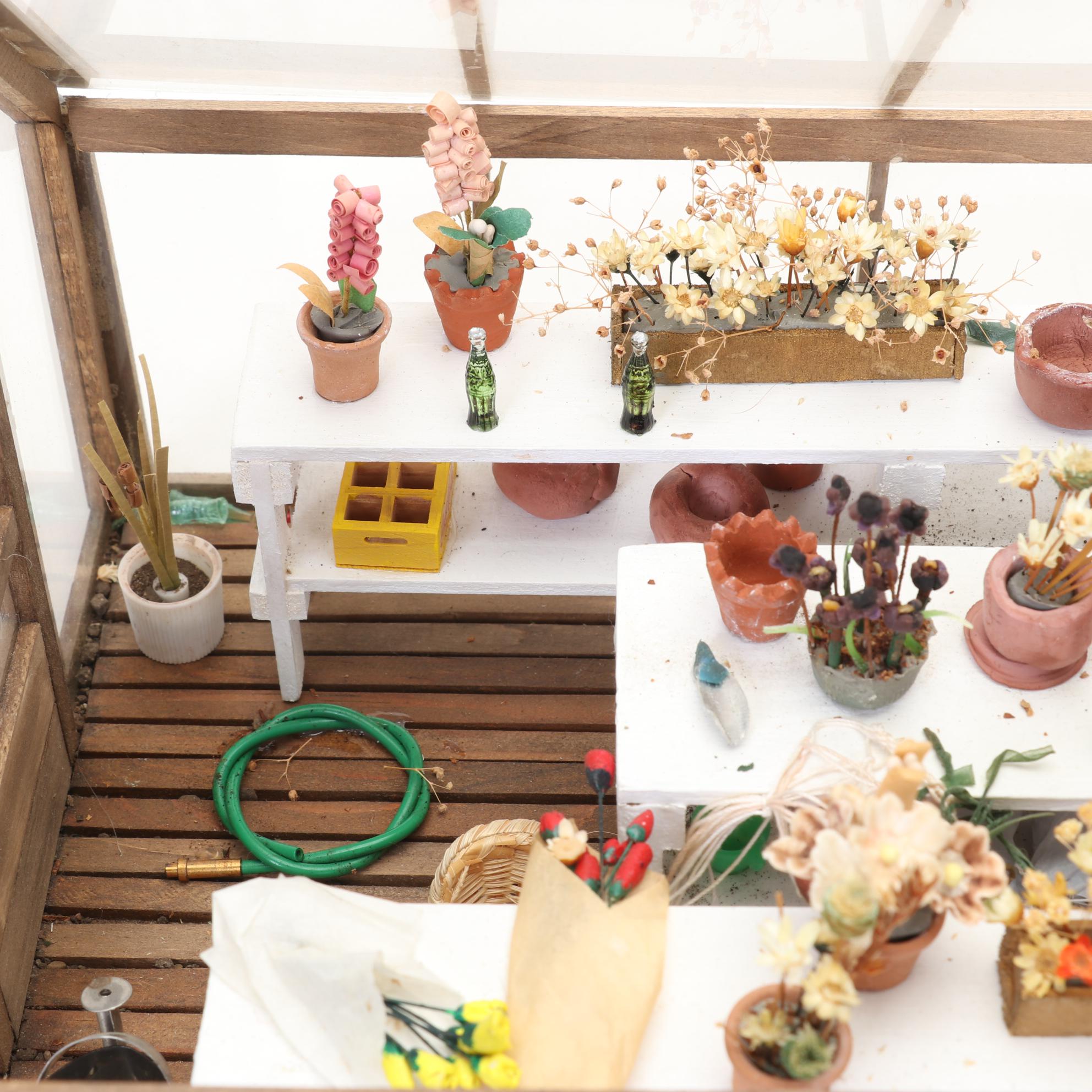 Miniature Greenhouse Scene Shadow Box with Other Dollhouse Furniture and Decor