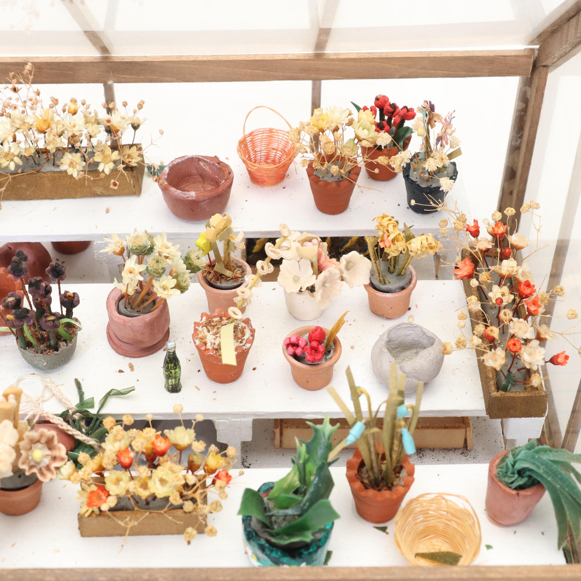 Miniature Greenhouse Scene Shadow Box with Other Dollhouse Furniture and Decor