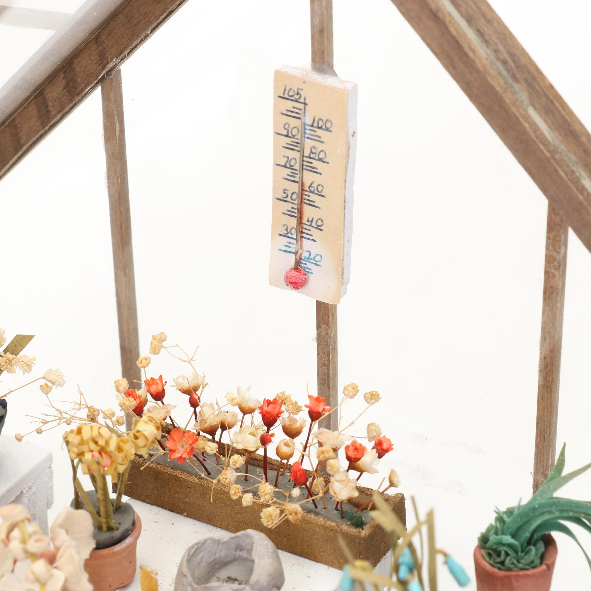 Miniature Greenhouse Scene Shadow Box with Other Dollhouse Furniture and Decor