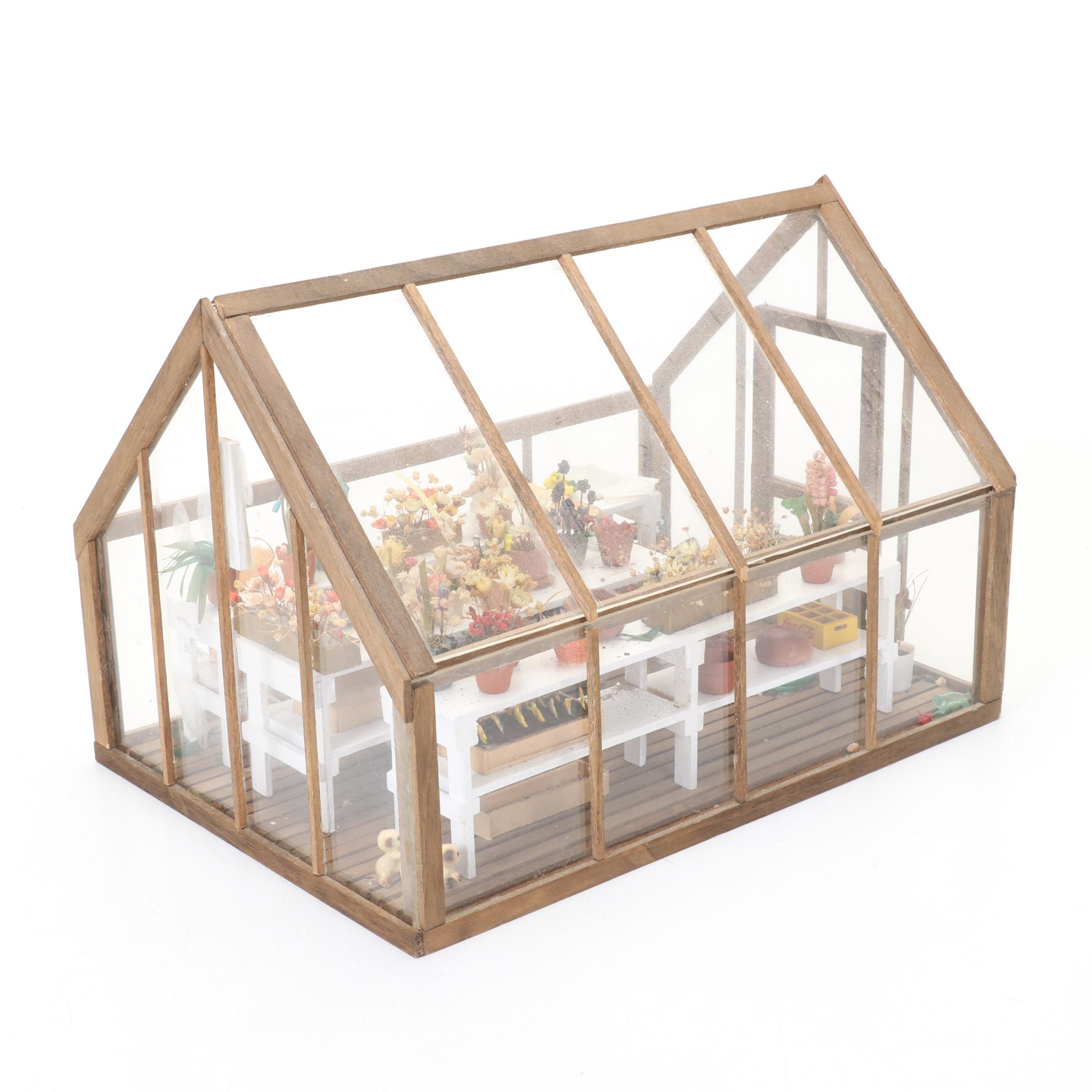 Miniature Greenhouse Scene Shadow Box with Other Dollhouse Furniture and Decor
