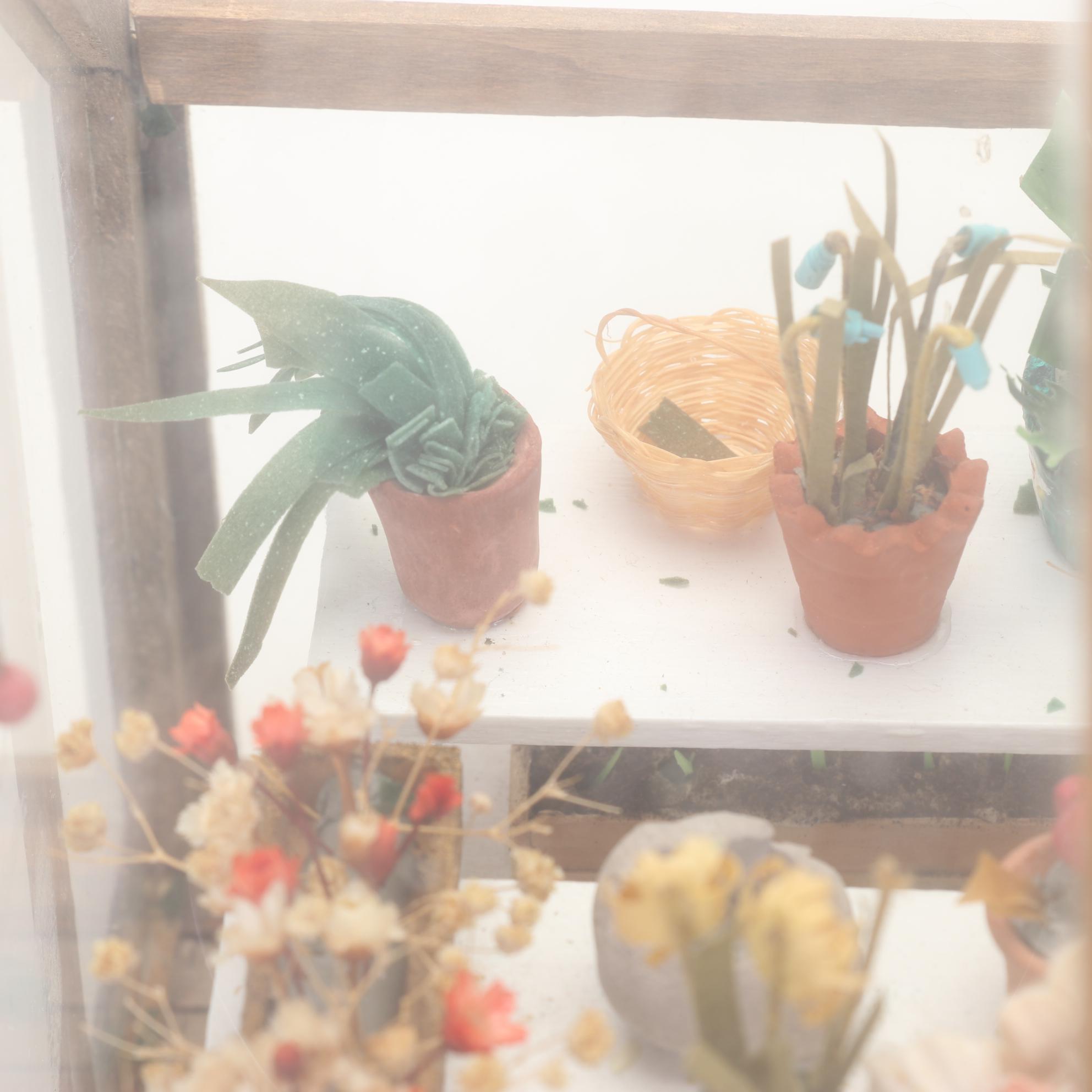 Miniature Greenhouse Scene Shadow Box with Other Dollhouse Furniture and Decor