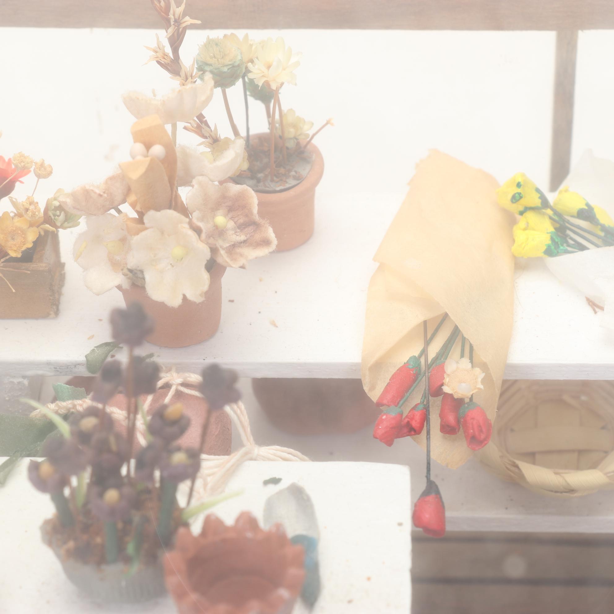 Miniature Greenhouse Scene Shadow Box with Other Dollhouse Furniture and Decor