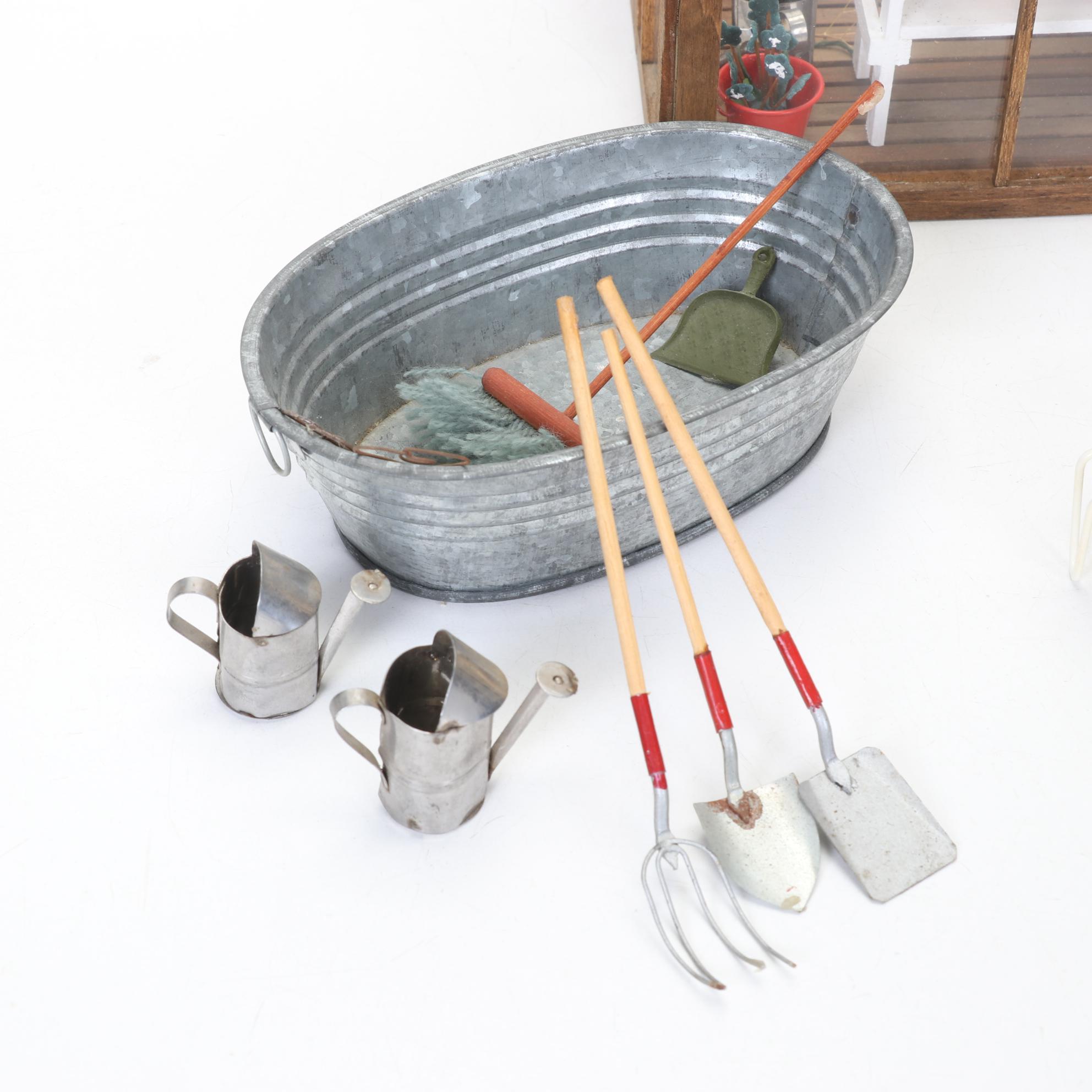 Miniature Greenhouse Scene Shadow Box with Other Dollhouse Furniture and Decor