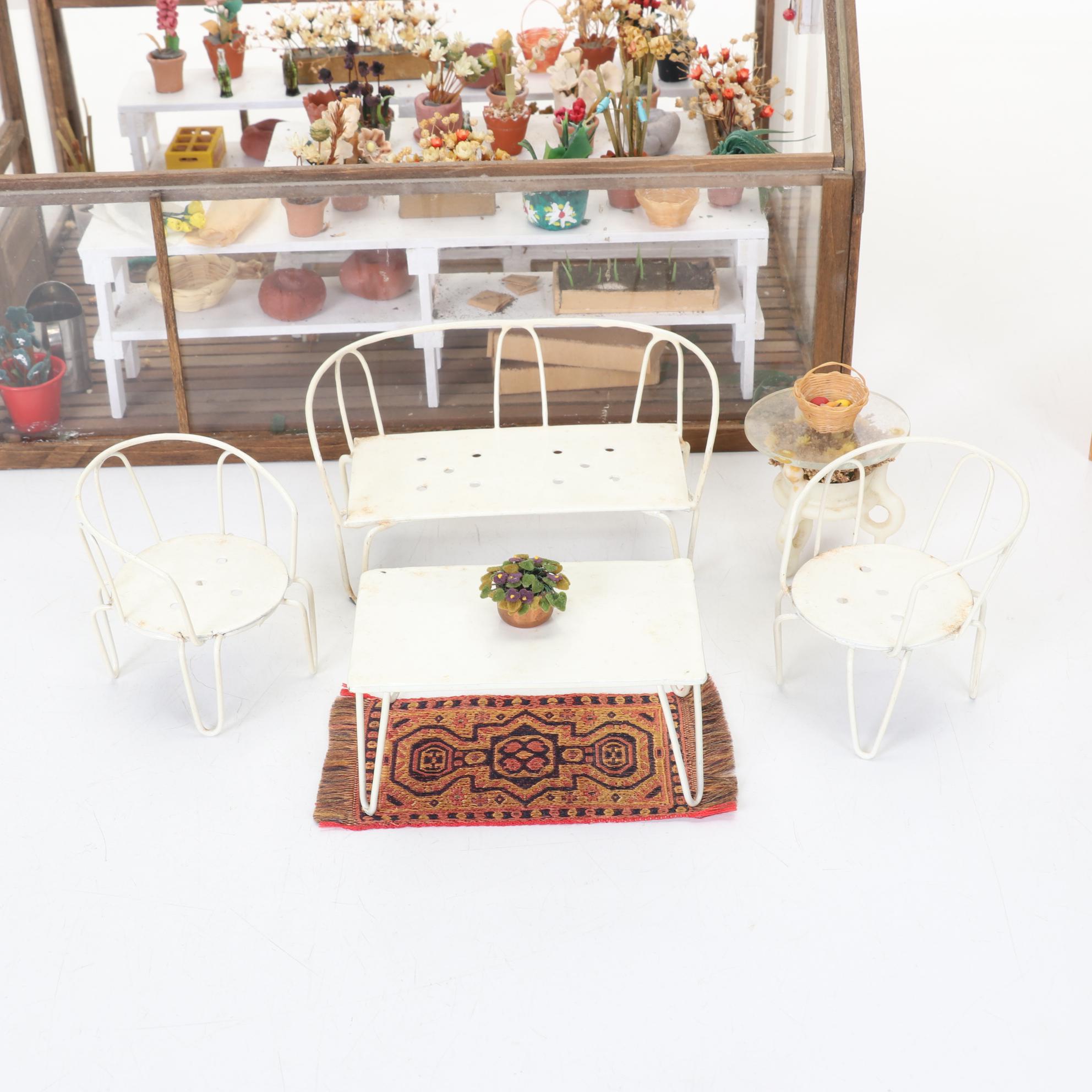 Miniature Greenhouse Scene Shadow Box with Other Dollhouse Furniture and Decor