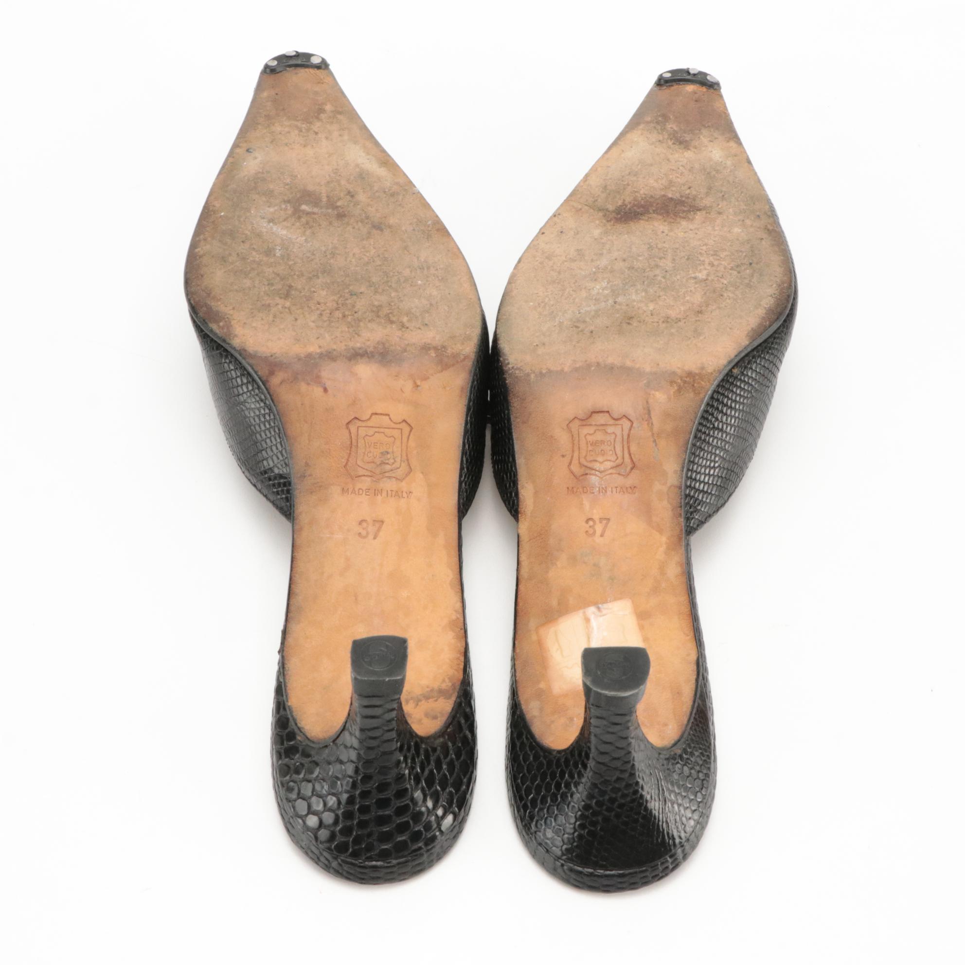 Gianni Milanesi Black Embossed Leather Kitten Heel Mules EBTH