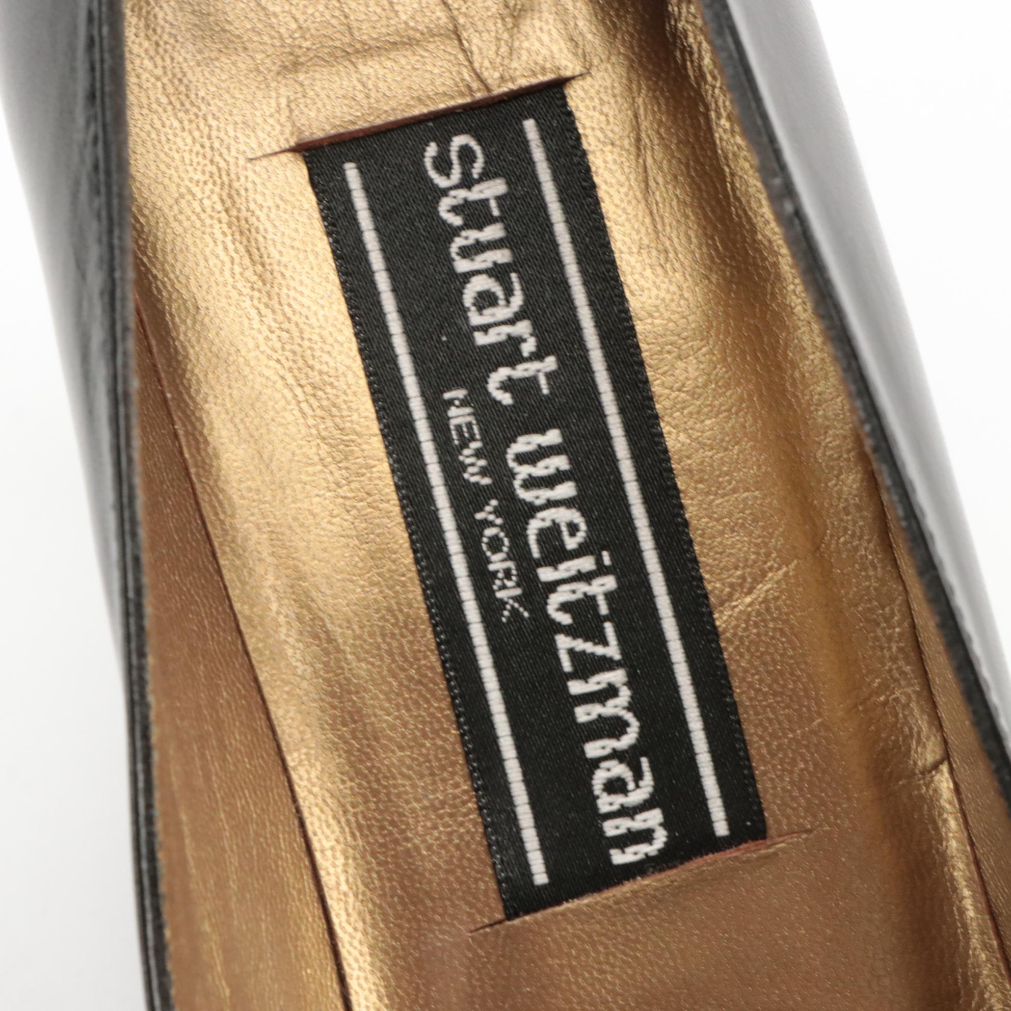 Stuart Weitzman Kitten & Block Heels in Black Leather and Suede with Boxes