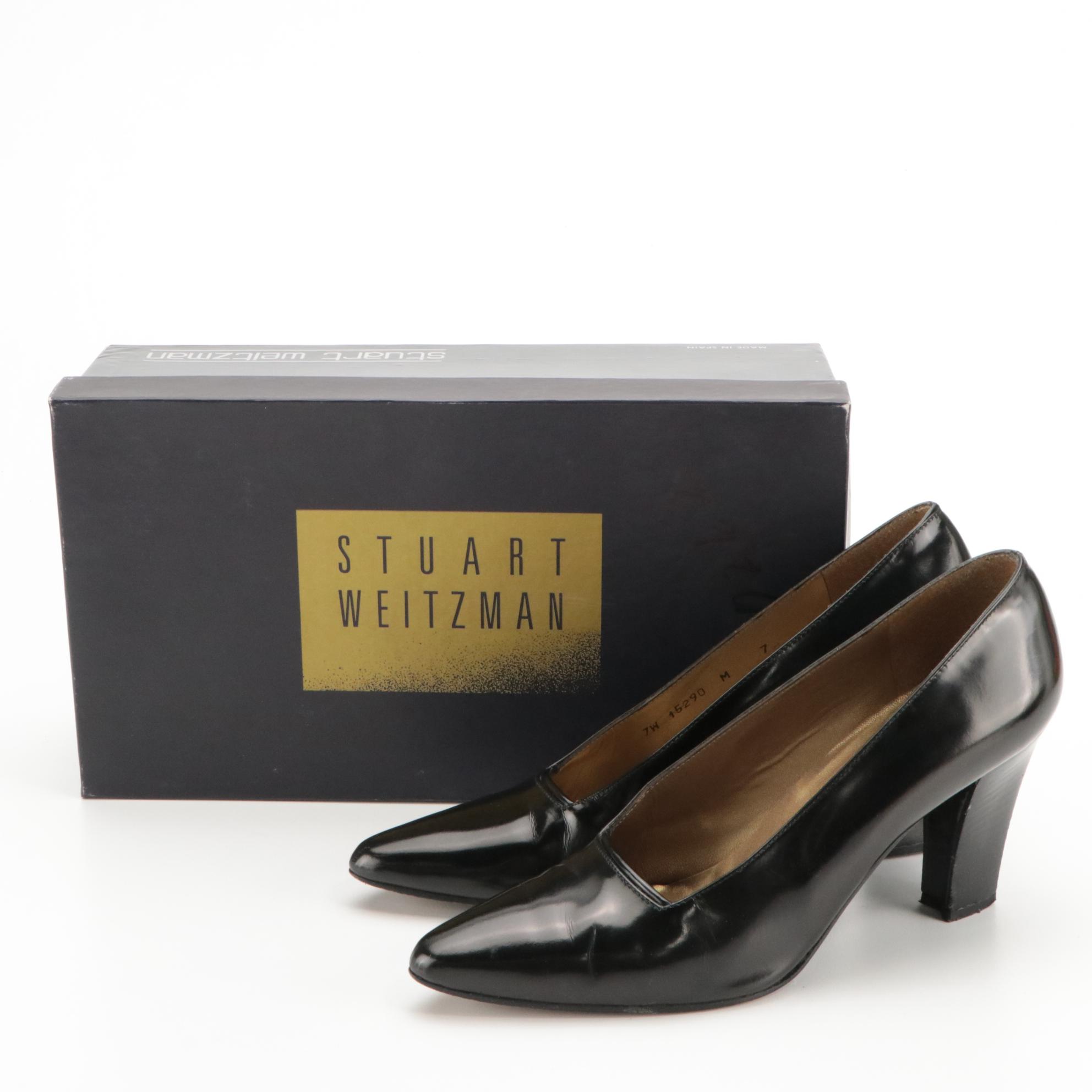 Stuart Weitzman Kitten & Block Heels in Black Leather and Suede with Boxes