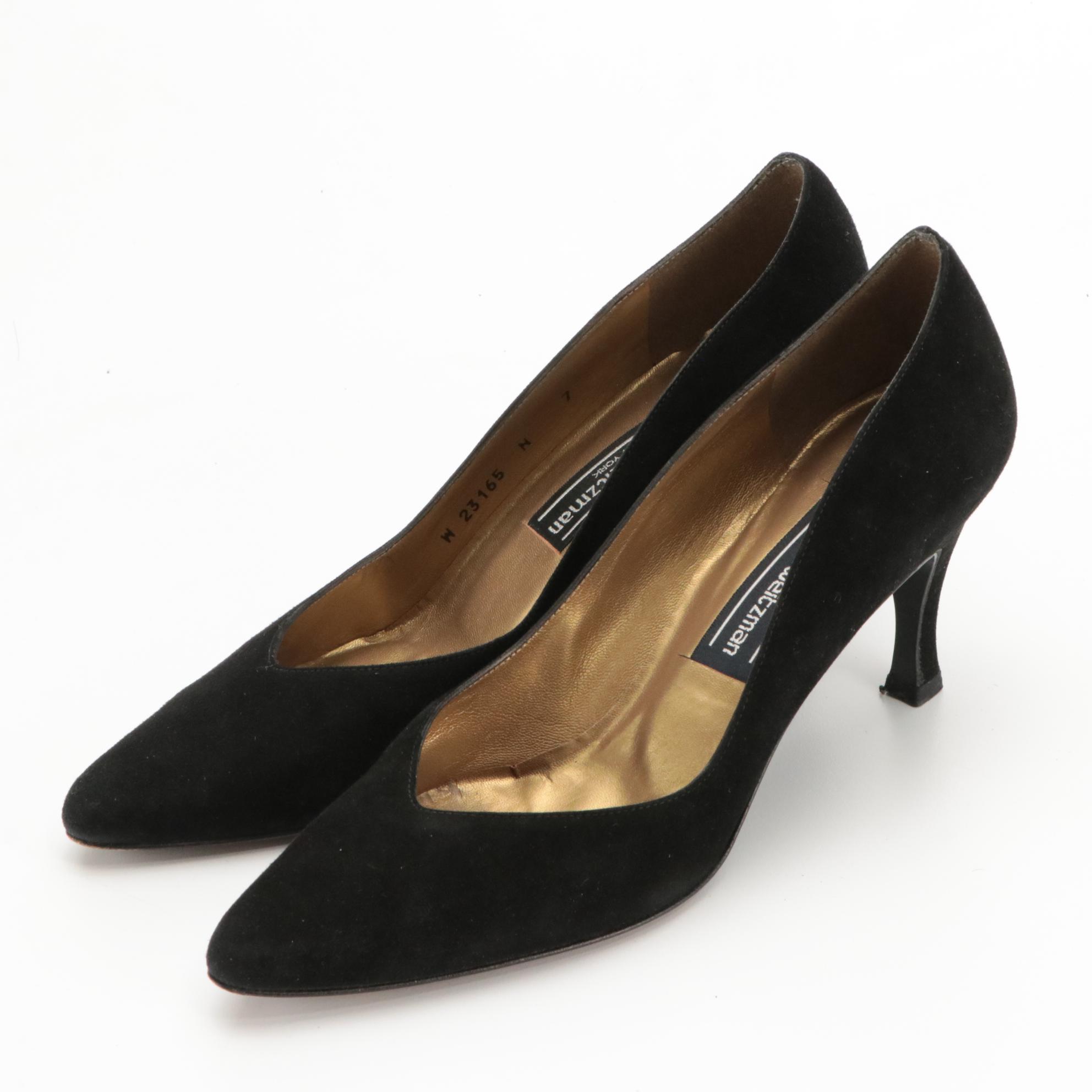 Stuart Weitzman Kitten & Block Heels in Black Leather and Suede with Boxes