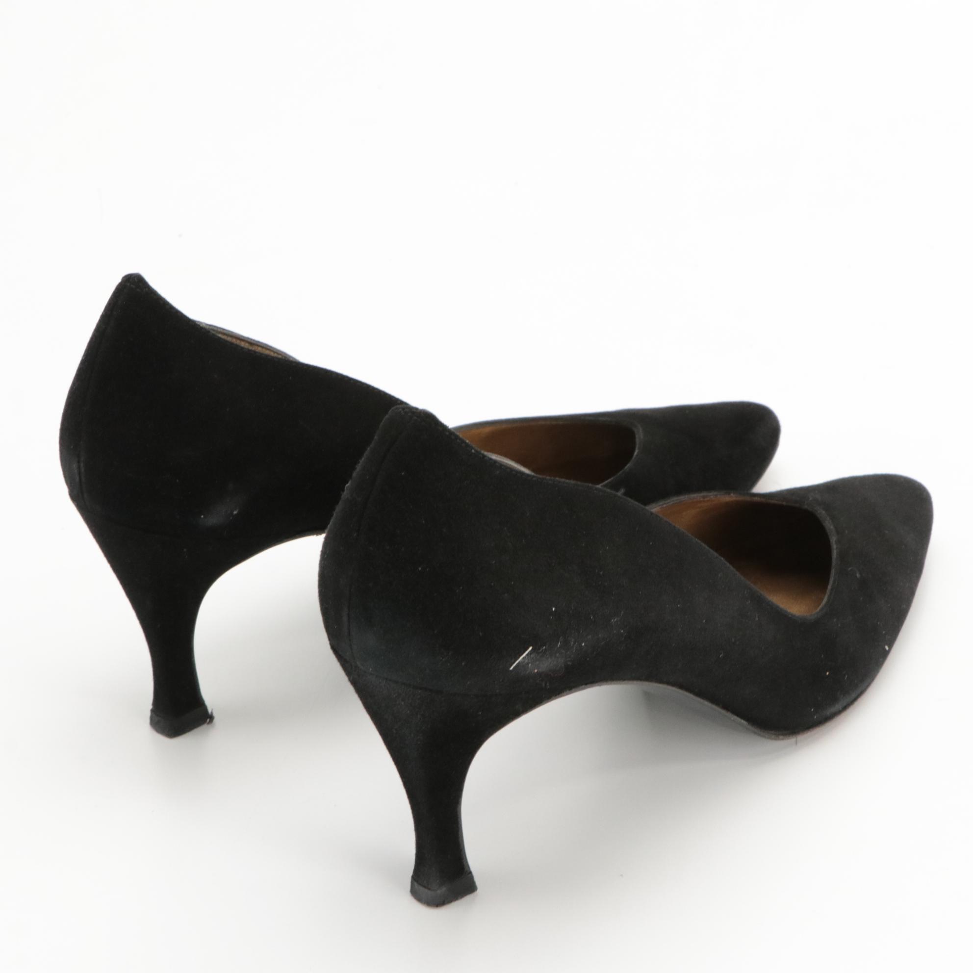 Stuart Weitzman Kitten & Block Heels in Black Leather and Suede with Boxes
