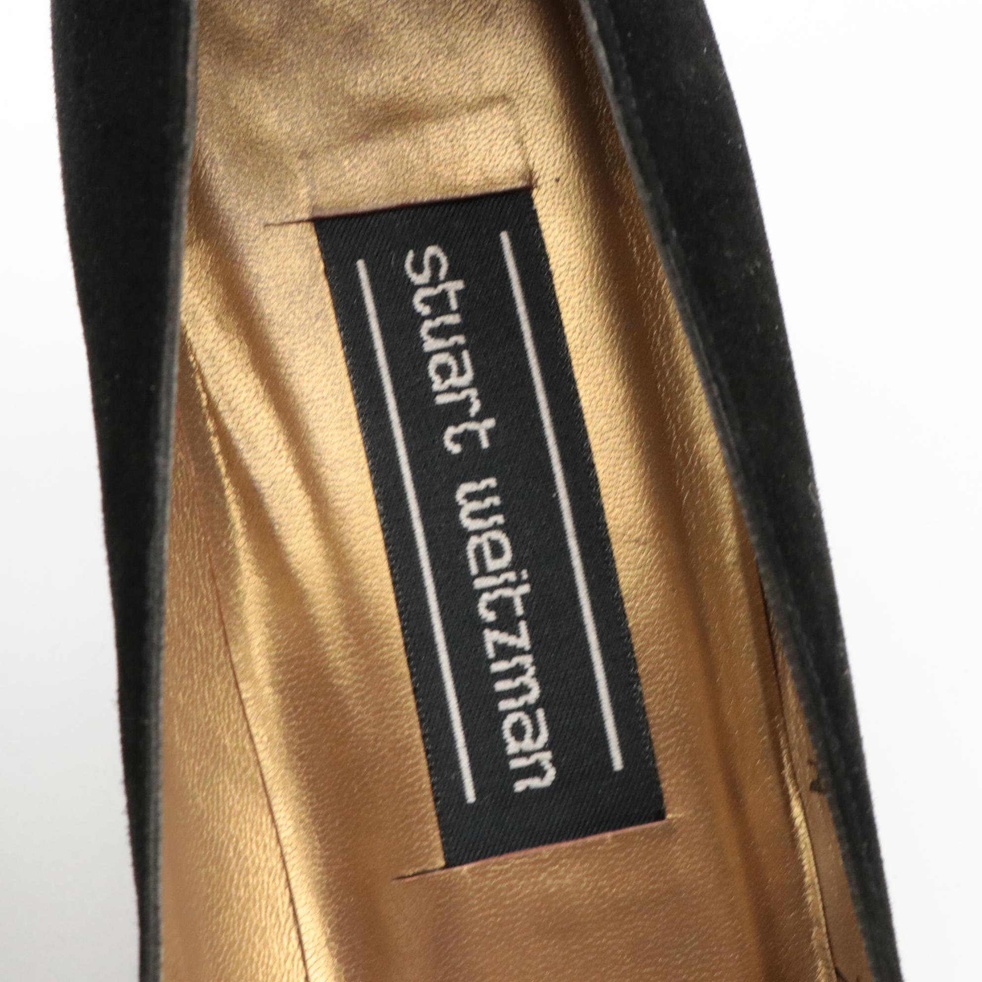 Stuart Weitzman Kitten & Block Heels in Black Leather and Suede with Boxes