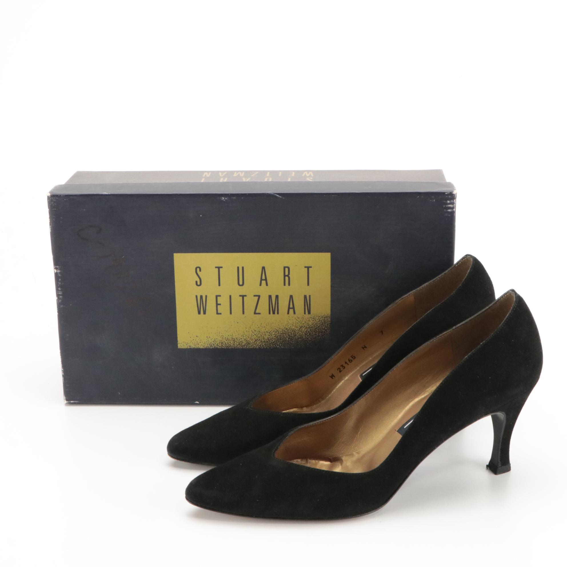 Stuart Weitzman Kitten & Block Heels in Black Leather and Suede with Boxes