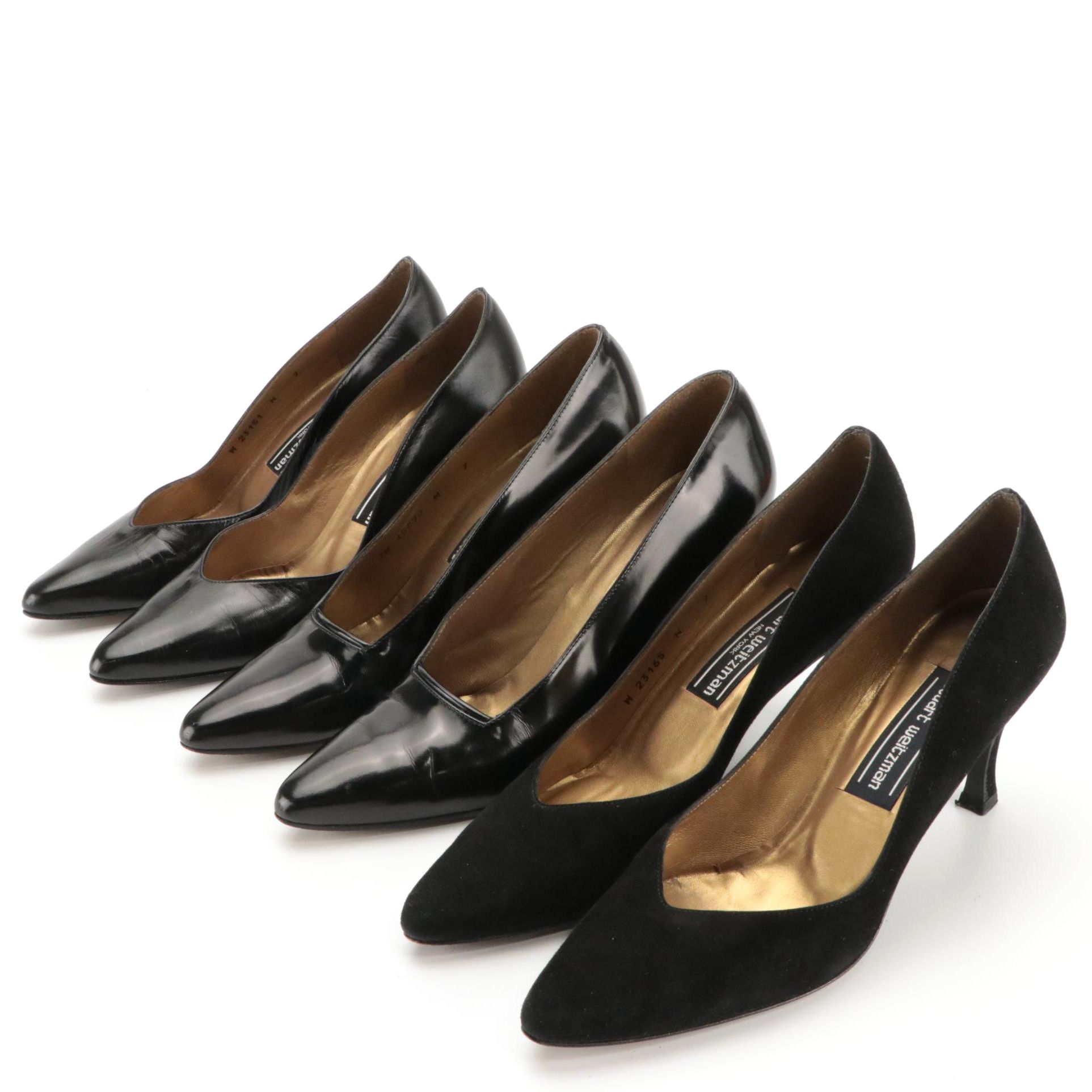 Stuart Weitzman Kitten & Block Heels in Black Leather and Suede with Boxes