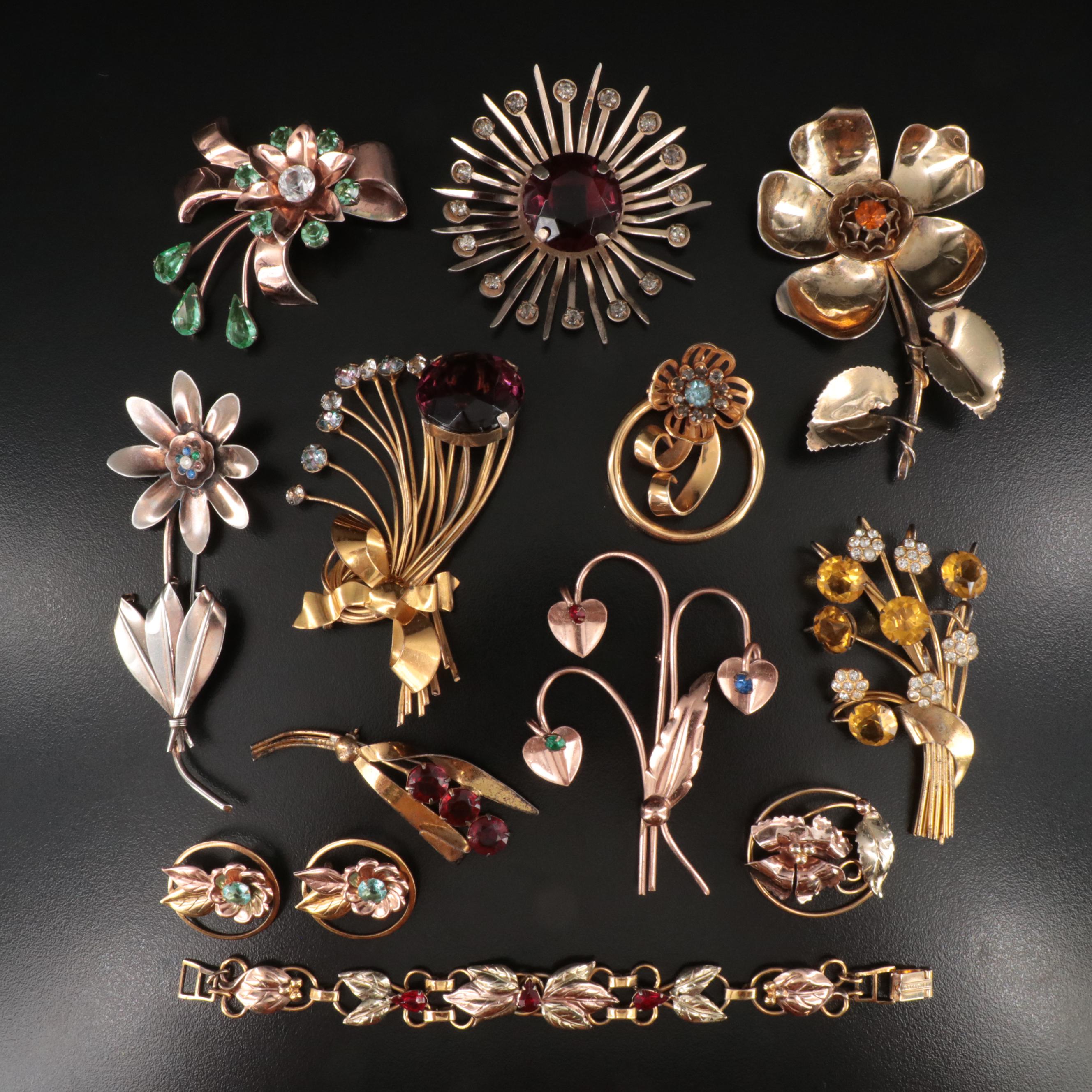 Retro Floral Jewelry Collection Featuring Sterling, Glass and Rhinestones