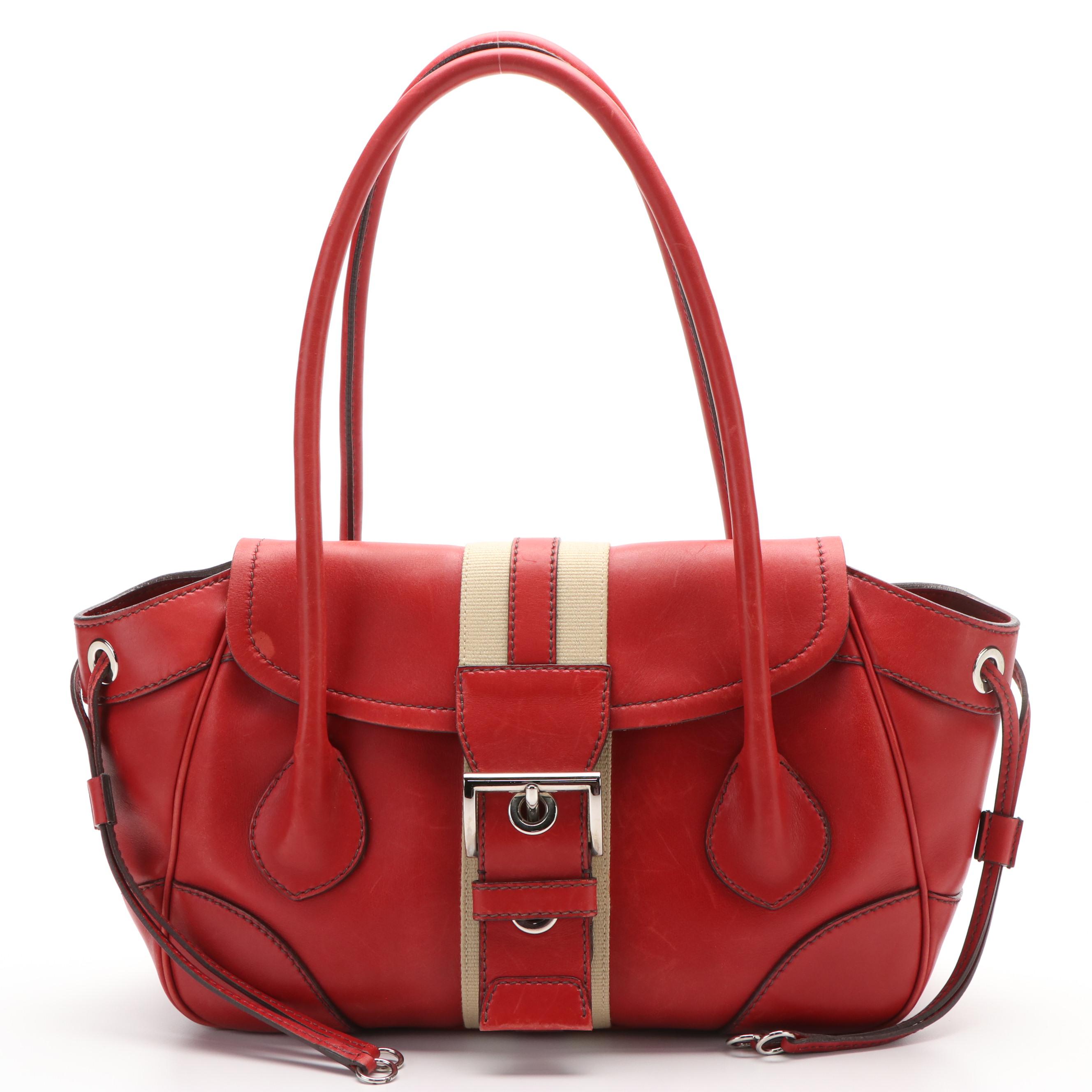 Prada Vitello Daino White Striped Shoulder Bag in Red Leather