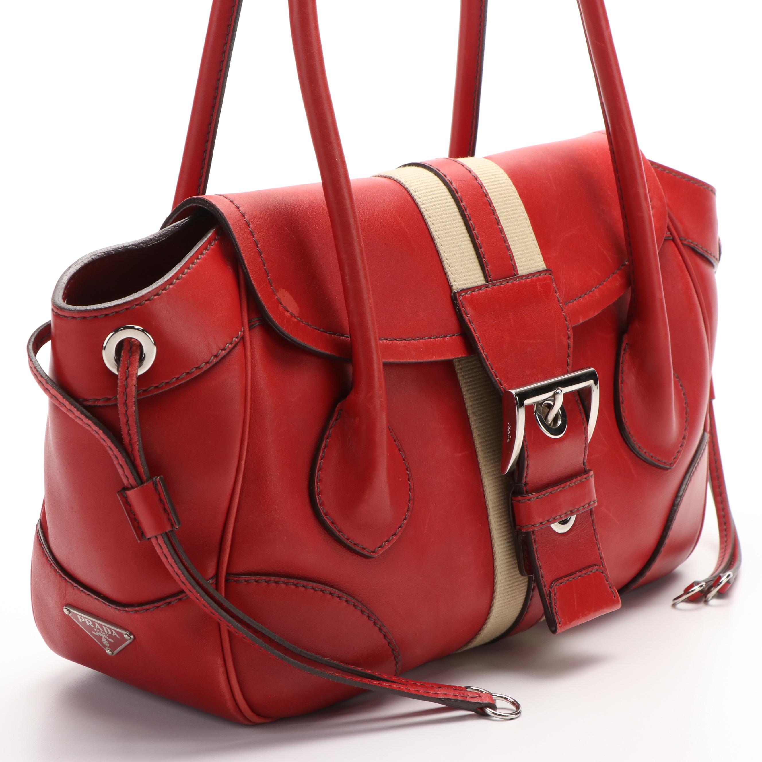 Prada Vitello Daino White Striped Shoulder Bag in Red Leather