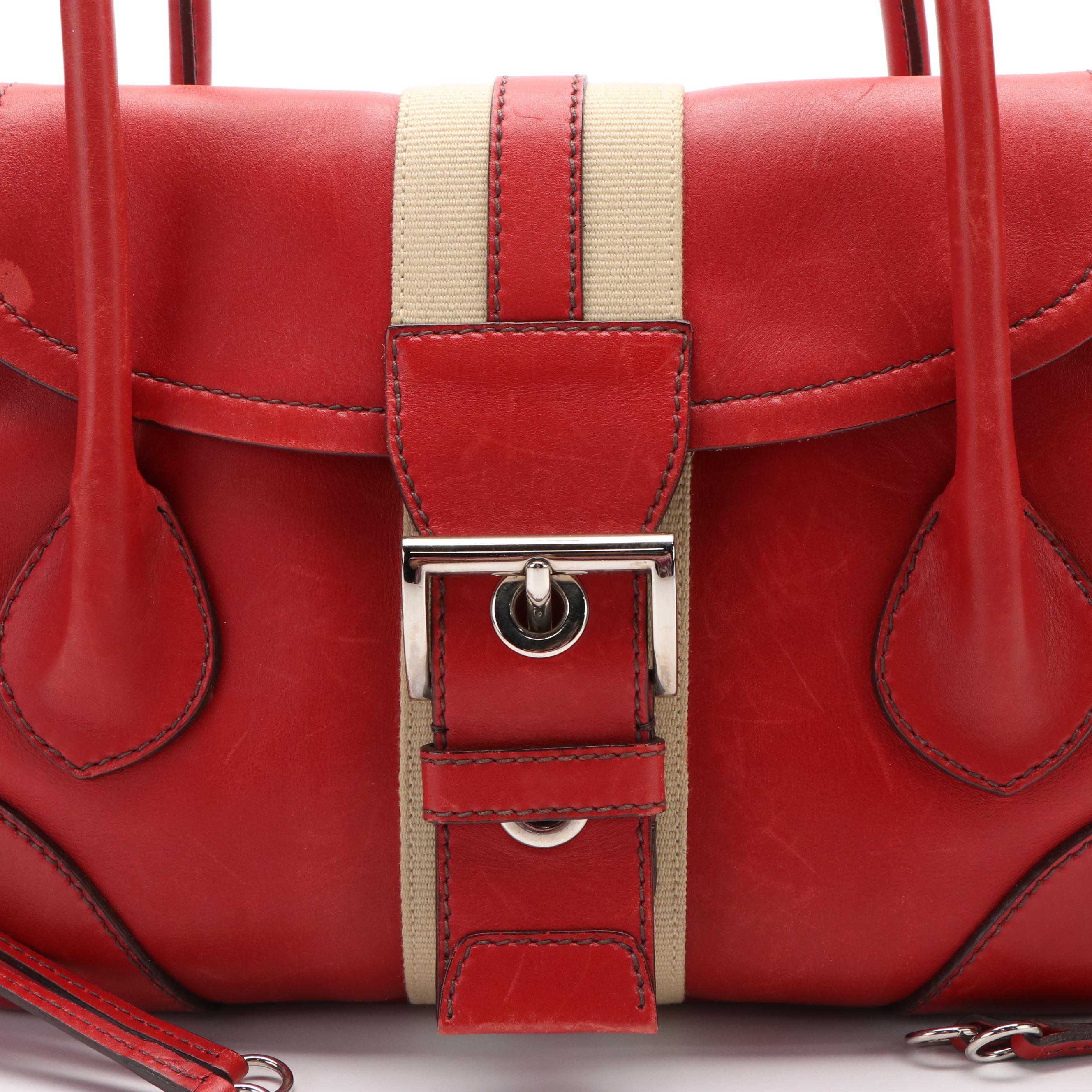 Prada Vitello Daino White Striped Shoulder Bag in Red Leather