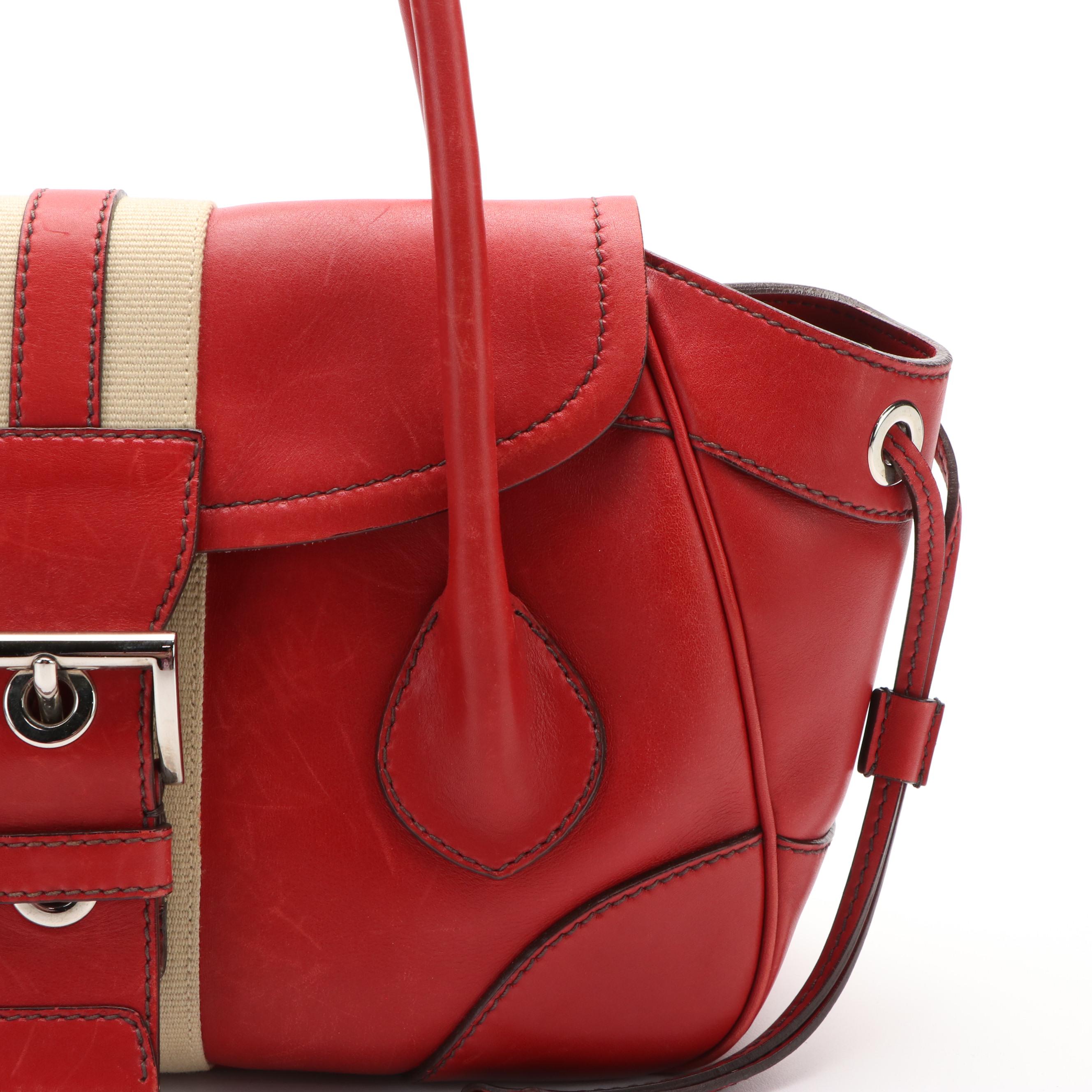 Prada Vitello Daino White Striped Shoulder Bag in Red Leather