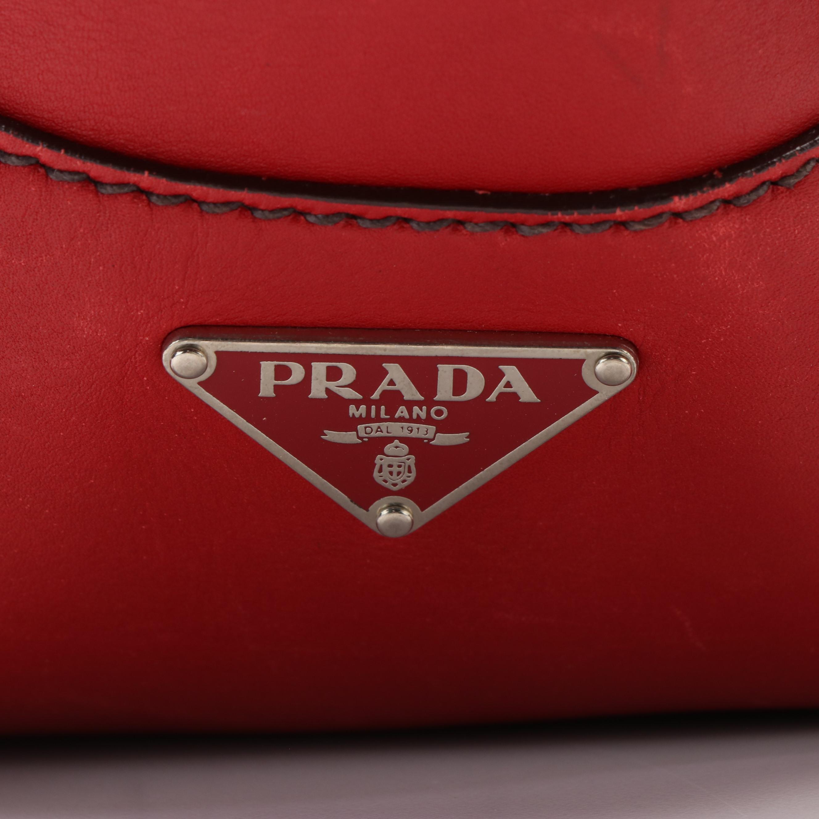 Prada Vitello Daino White Striped Shoulder Bag in Red Leather