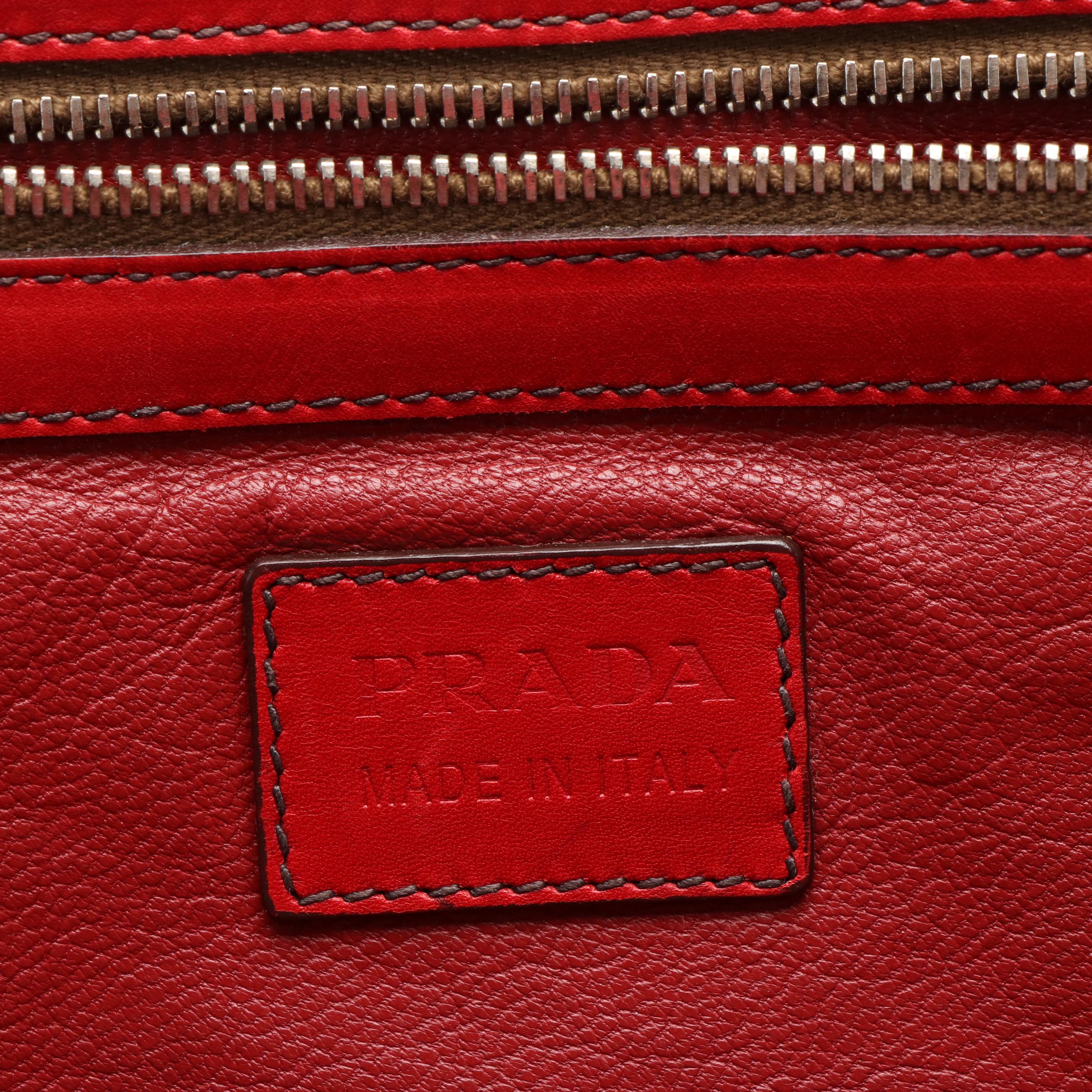 Prada Vitello Daino White Striped Shoulder Bag in Red Leather