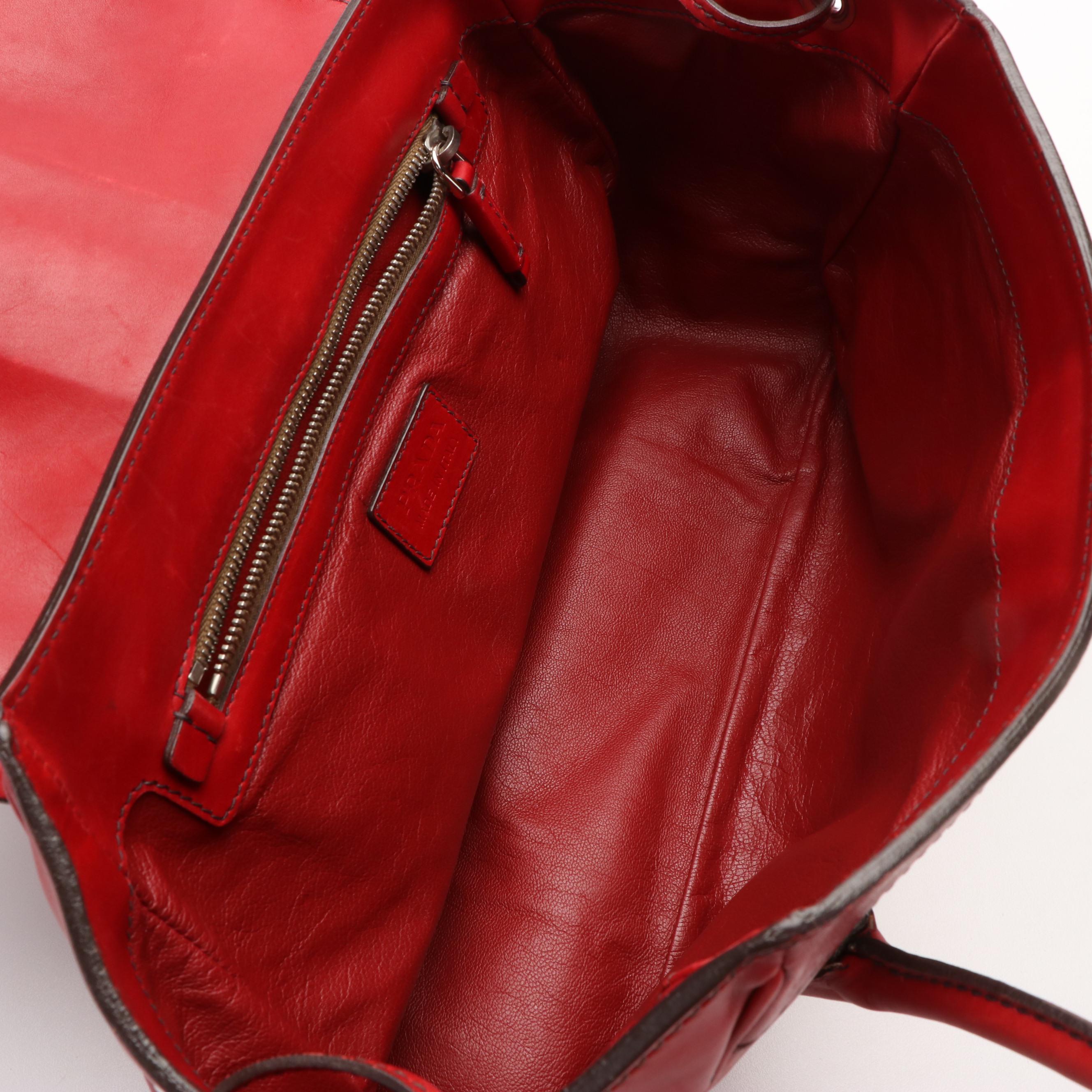 Prada Vitello Daino White Striped Shoulder Bag in Red Leather