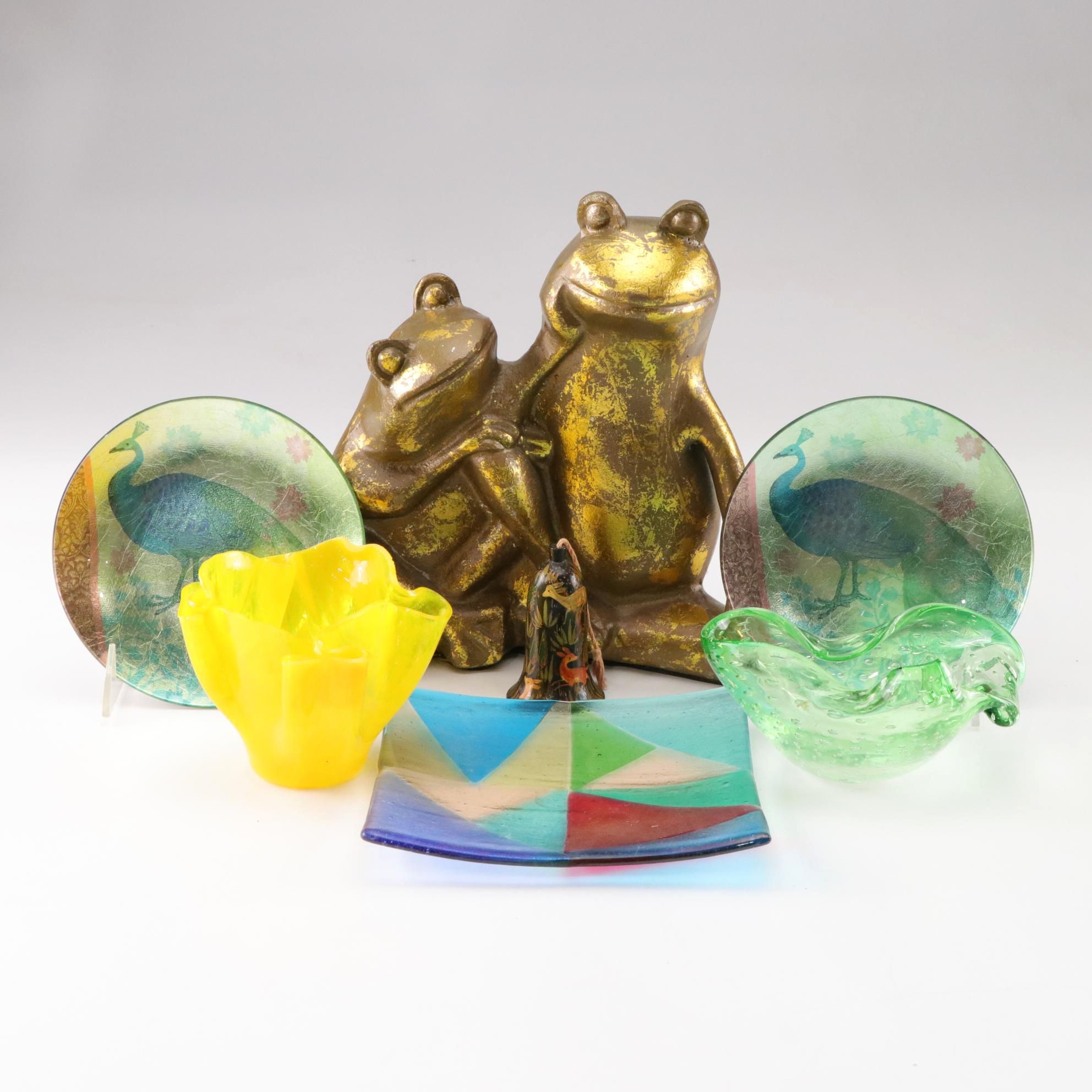 Blown Glass Trinket Dishes, Gilded Pondering Frog Buddy Sculpture, & More Decor
