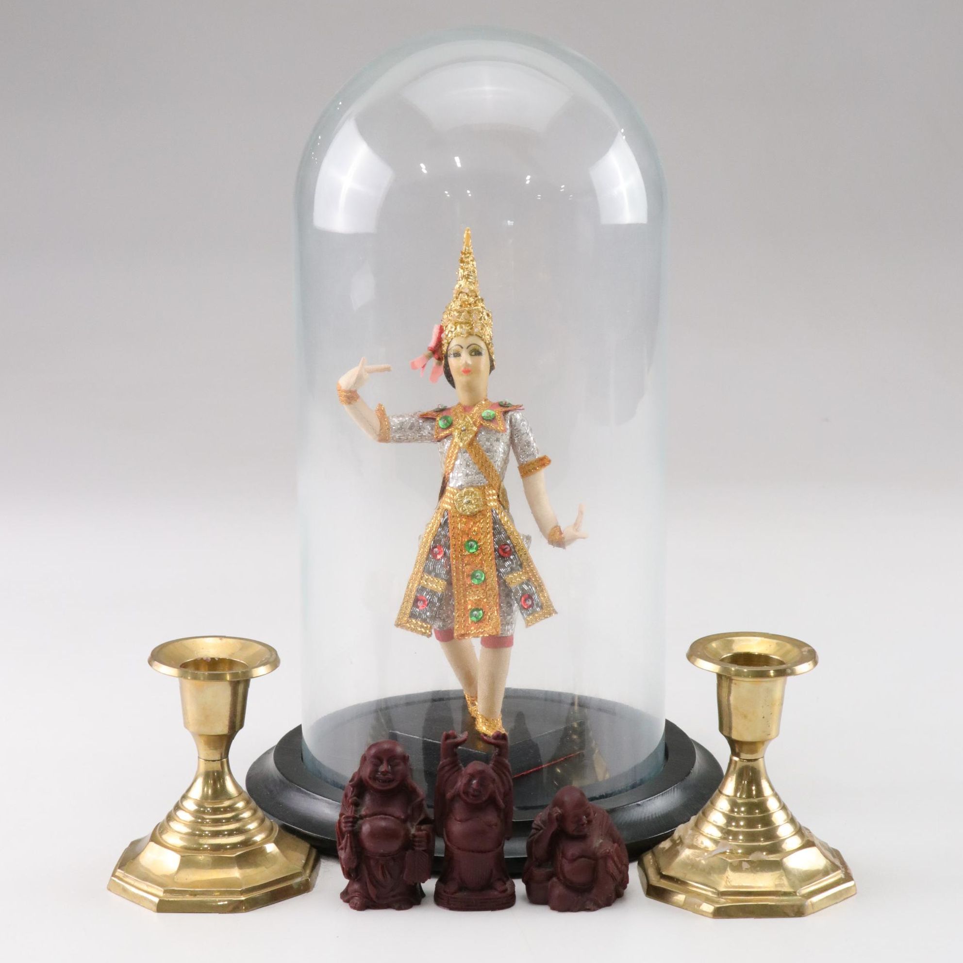 Thai Dancing Figurine with Globe, Brass Candlesticks and Buddhist Figures