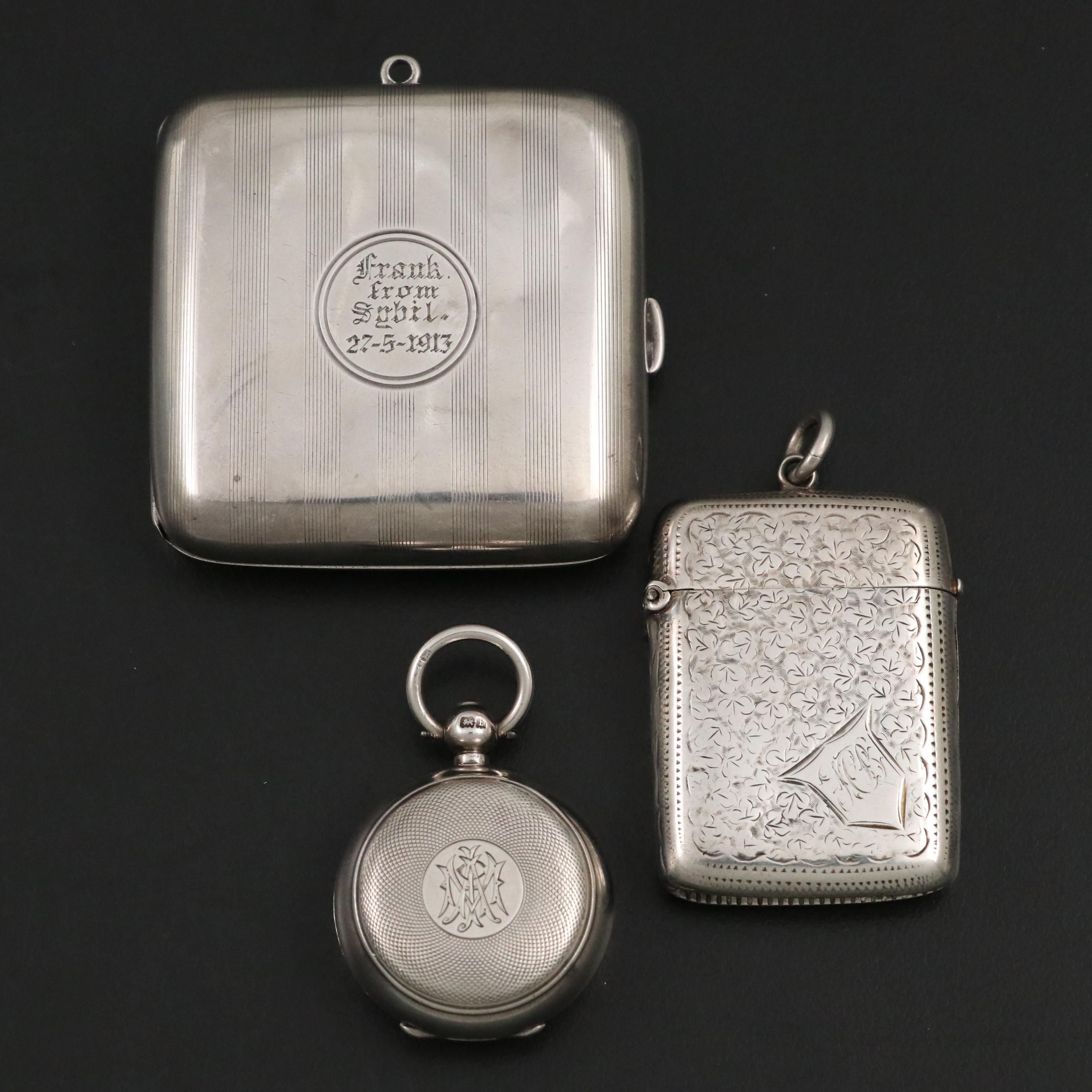 English Engraved Sterling Silver Coin Holders and Vesta, Late 19th/ Early 20th C