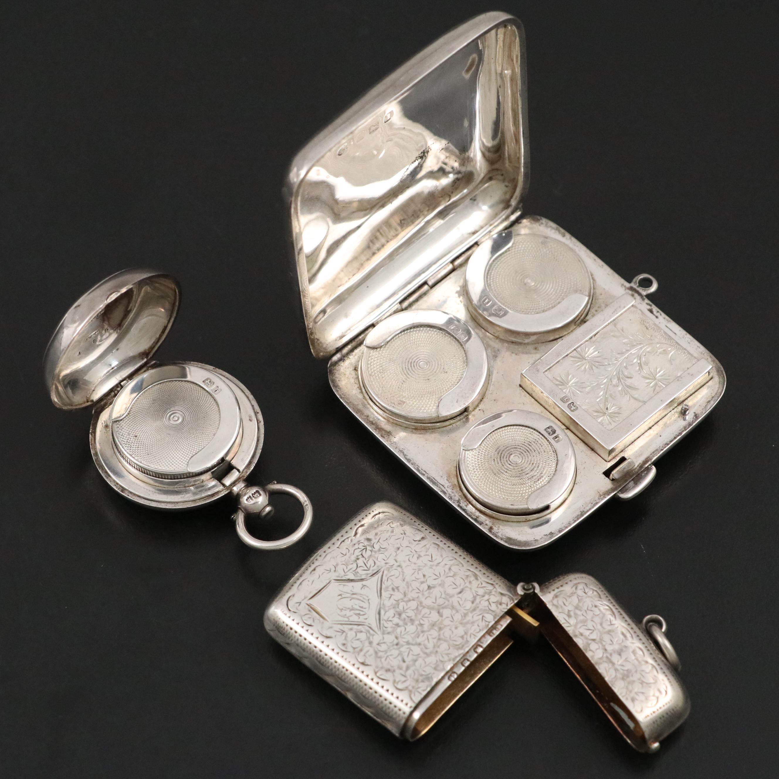 English Engraved Sterling Silver Coin Holders and Vesta, Late 19th/ Early 20th C