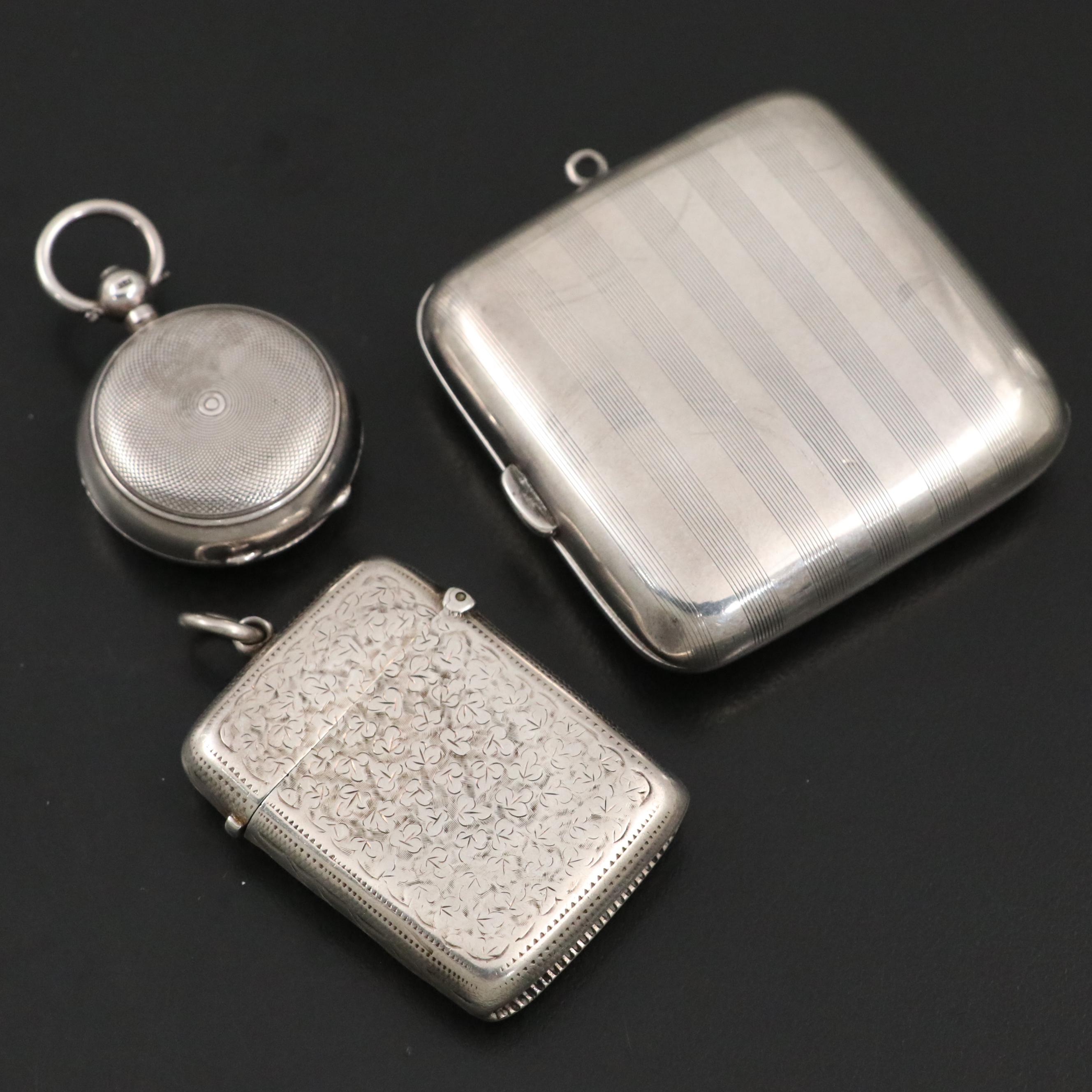 English Engraved Sterling Silver Coin Holders and Vesta, Late 19th/ Early 20th C