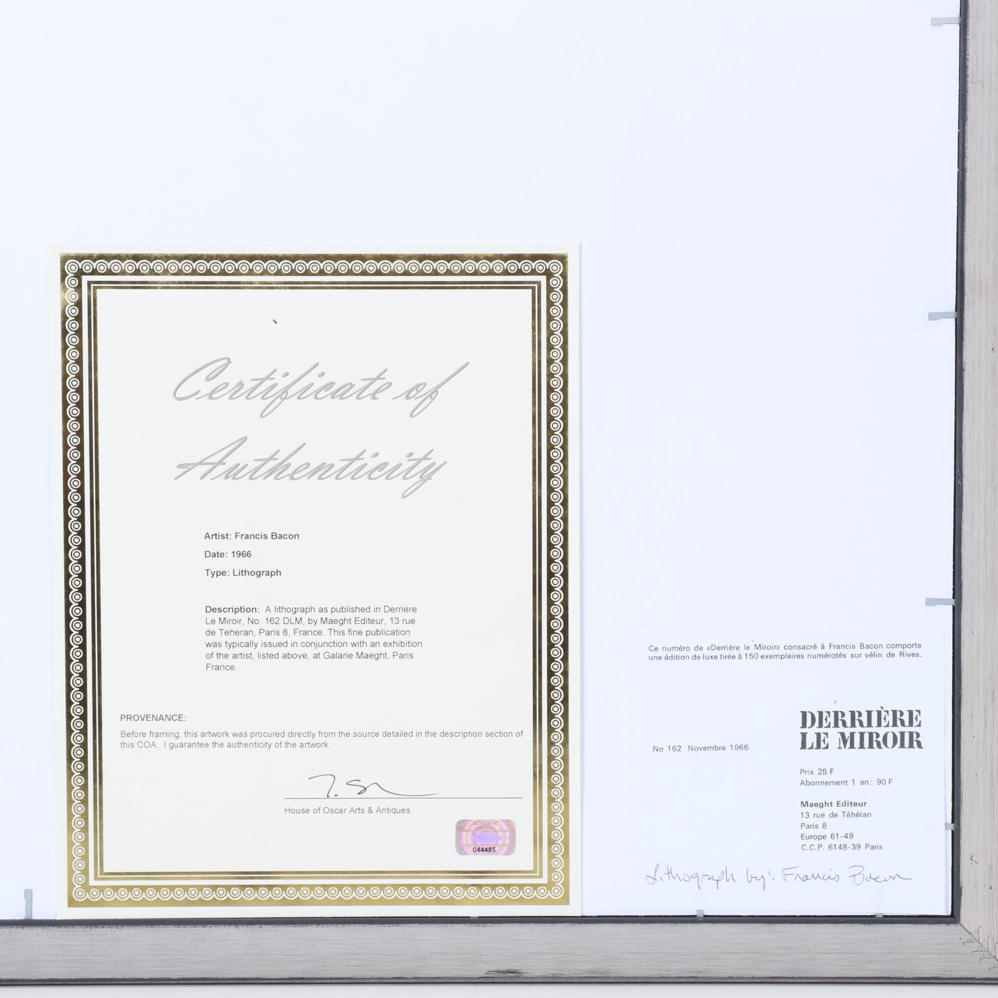 Francis Bacon Portrait Lithograph of Lucian Freud for "Derrière le Miroir," 1966