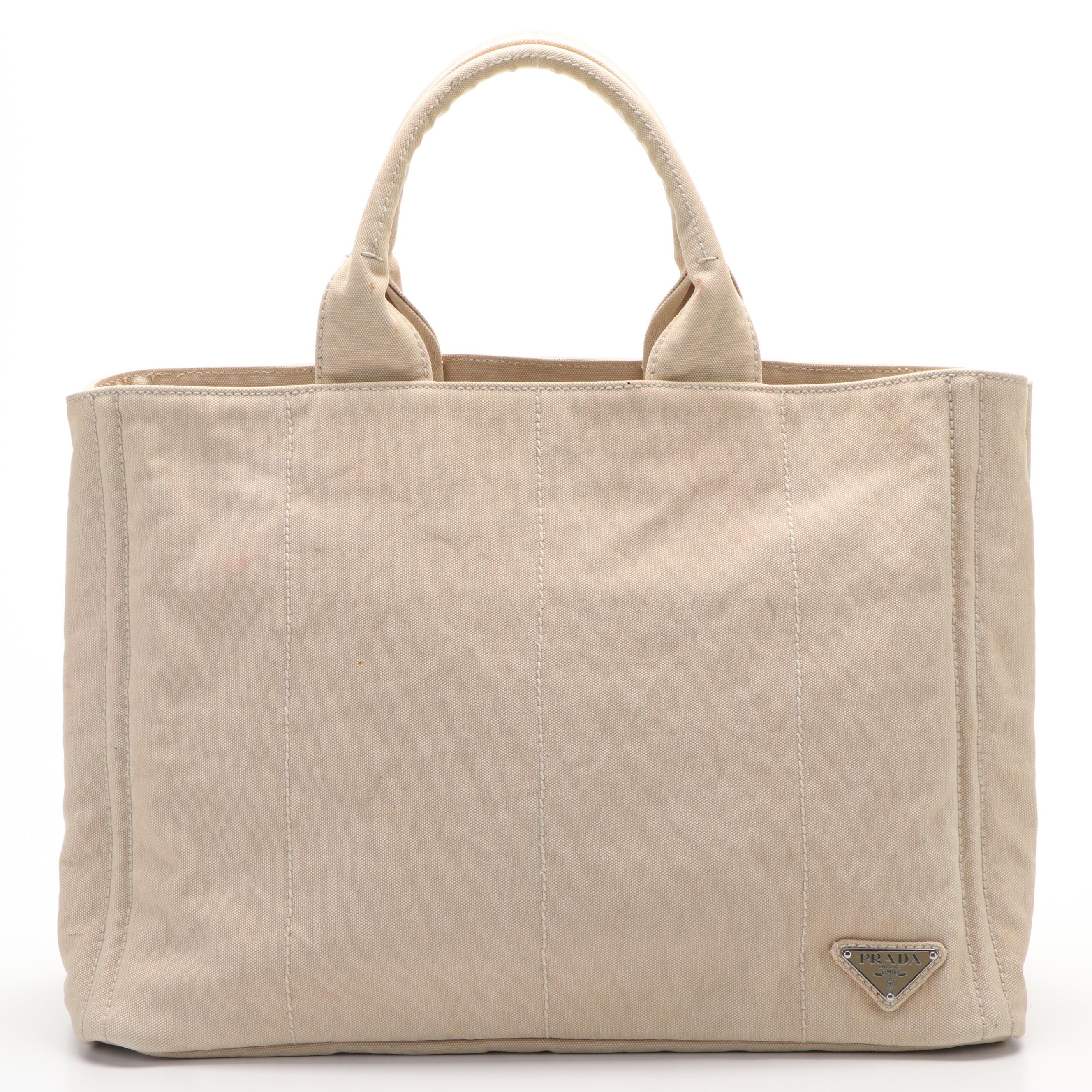 Prada  Delave Canapa Shopping Tote Bag in Off-White Canvas