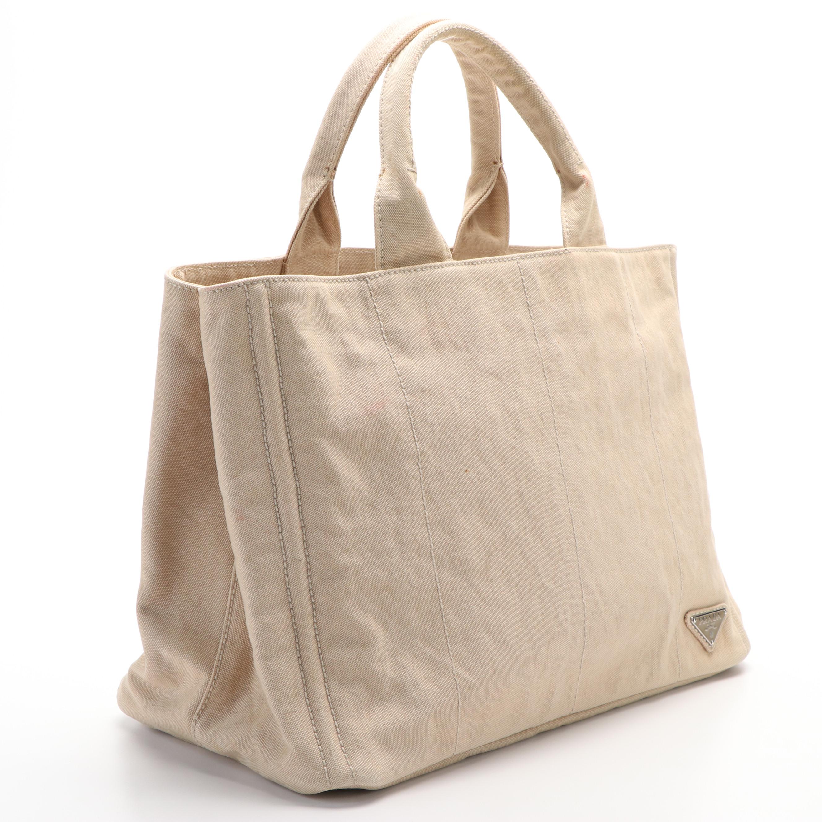 Prada  Delave Canapa Shopping Tote Bag in Off-White Canvas