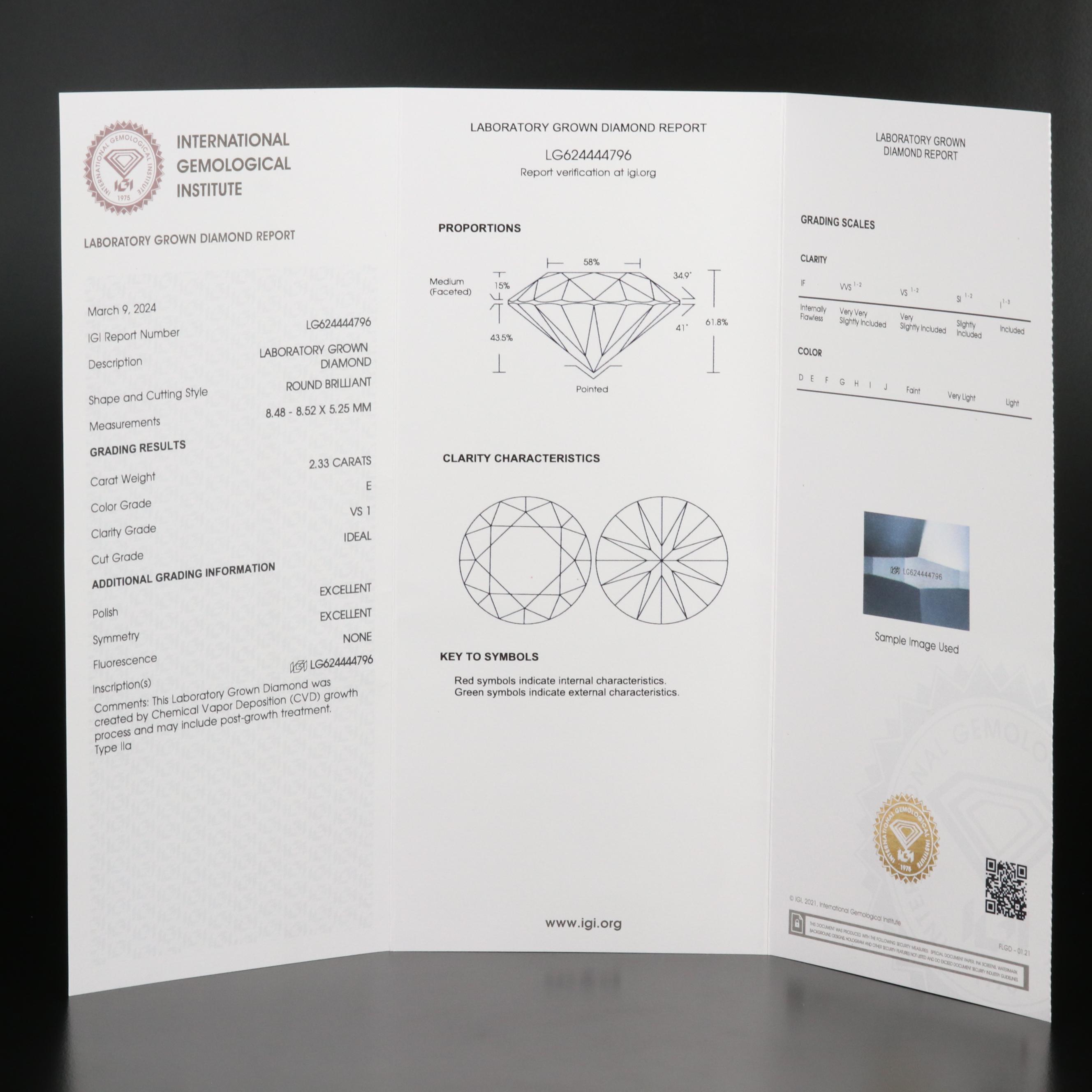 Loose 2.33 CT Lab Grown Diamond Solitaire Pendant Necklace with IGI Report