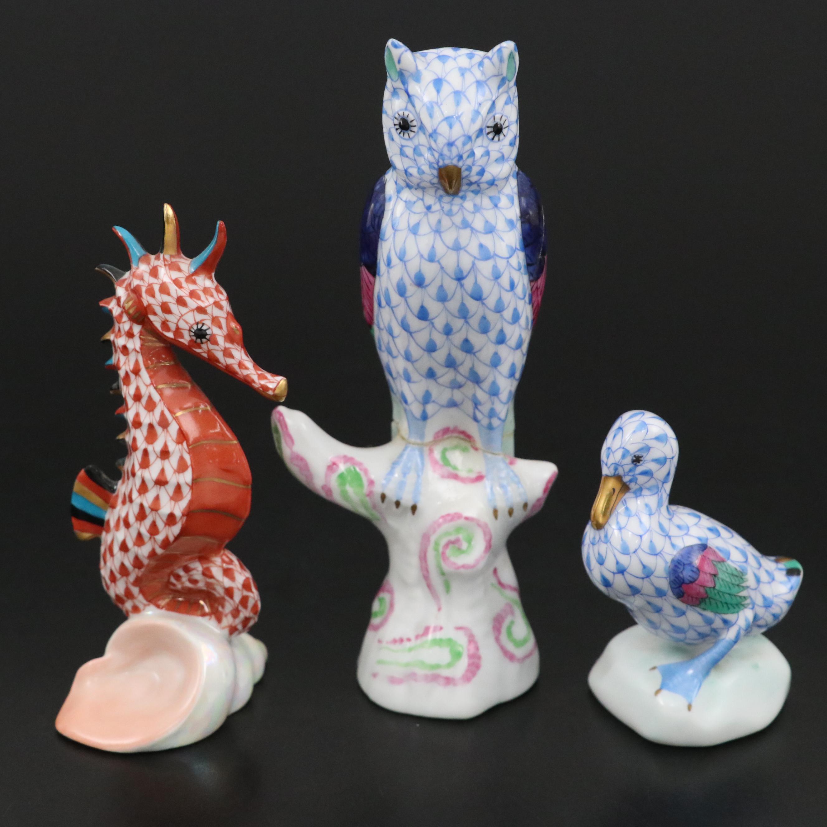 Herend Rust Fishnet with Gold "Seahorse" and More Herend Porcelain Figurines
