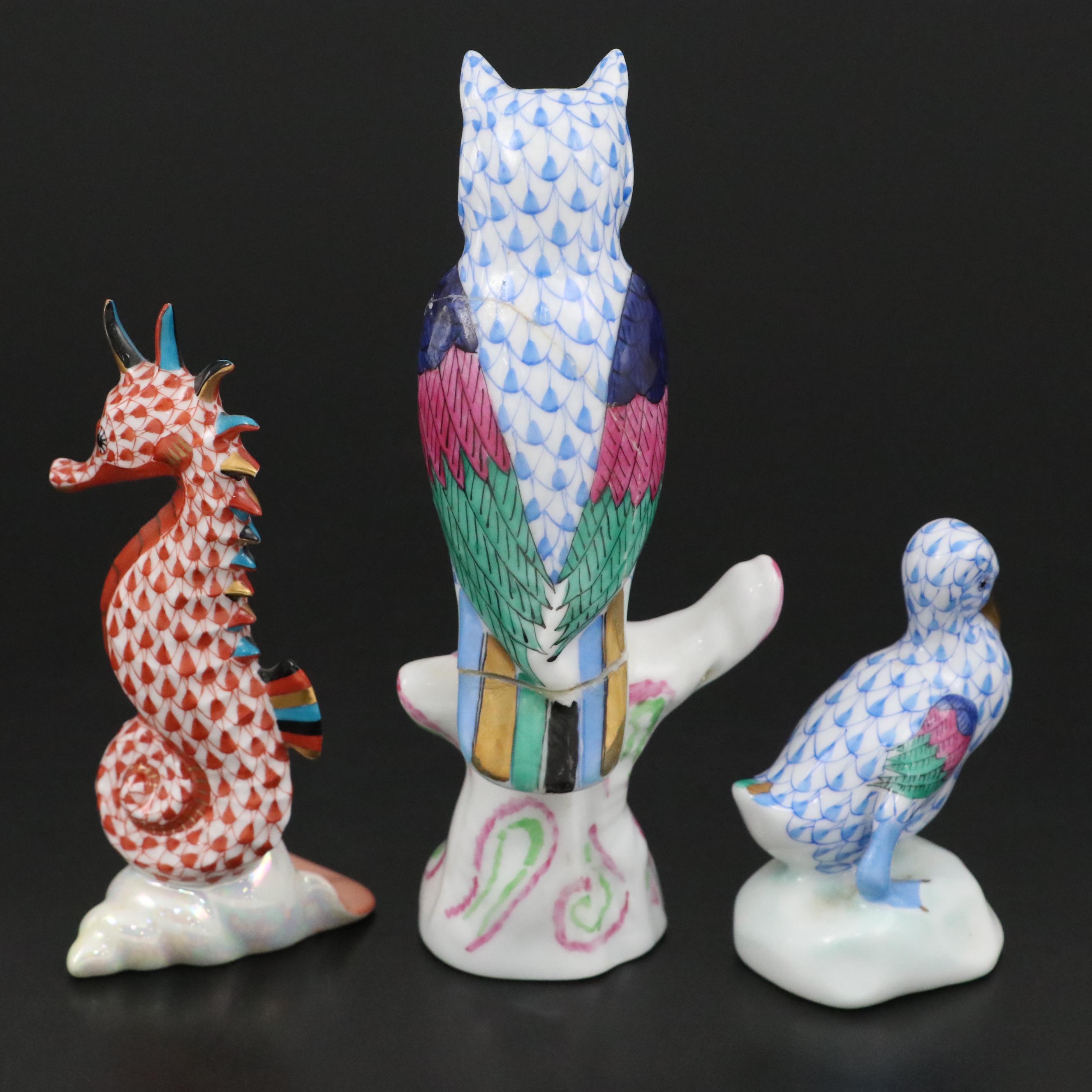Herend Rust Fishnet with Gold "Seahorse" and More Herend Porcelain Figurines