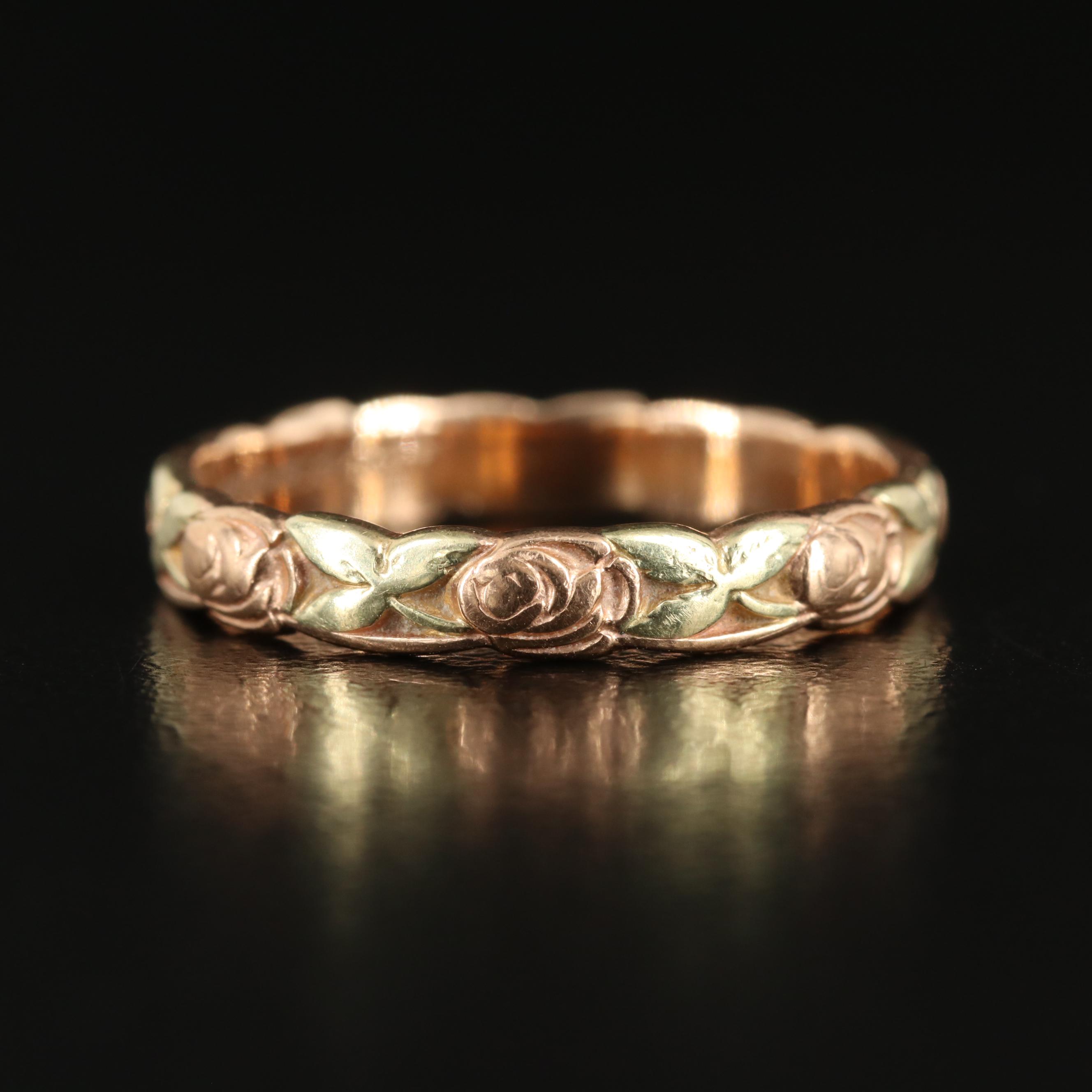 14K Rose Patterned Band with Rose and Green Gold Accents
