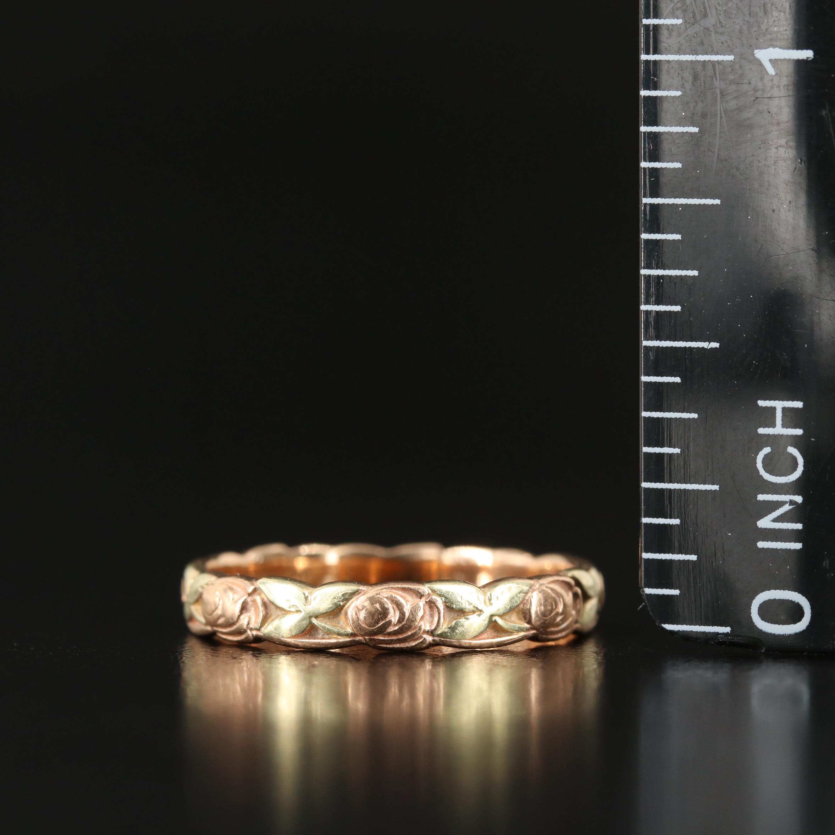 14K Rose Patterned Band with Rose and Green Gold Accents