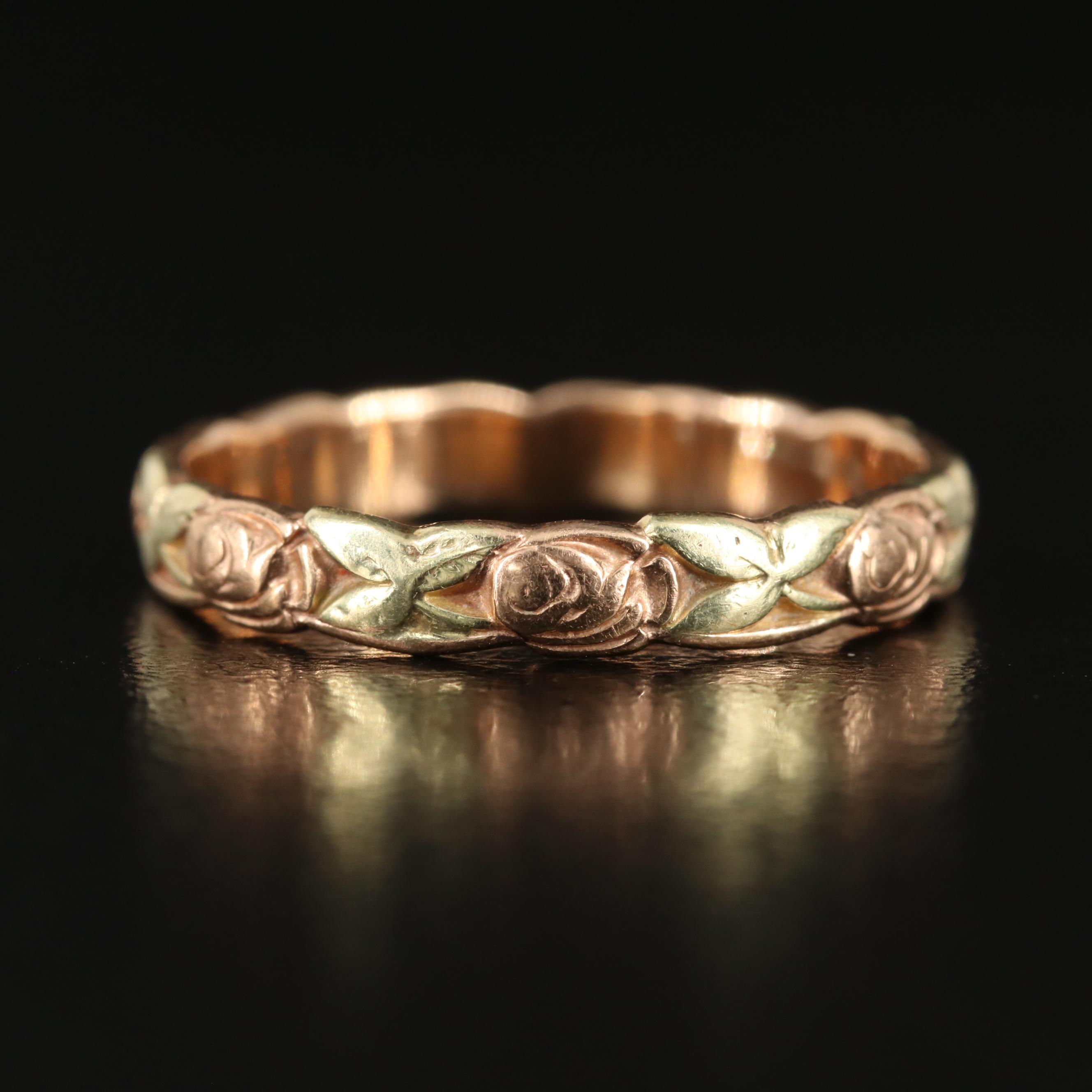 14K Rose Patterned Band with Rose and Green Gold Accents