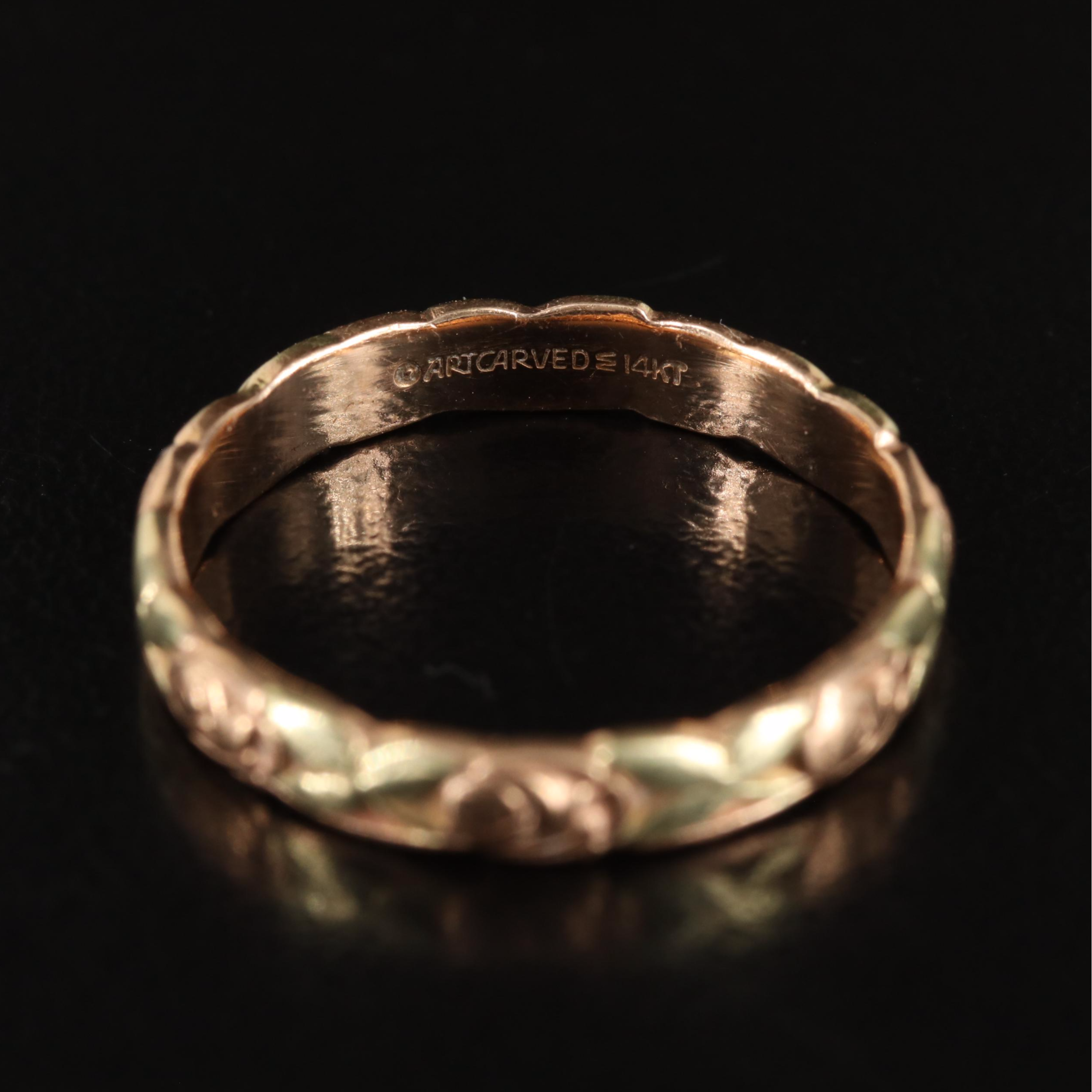 14K Rose Patterned Band with Rose and Green Gold Accents