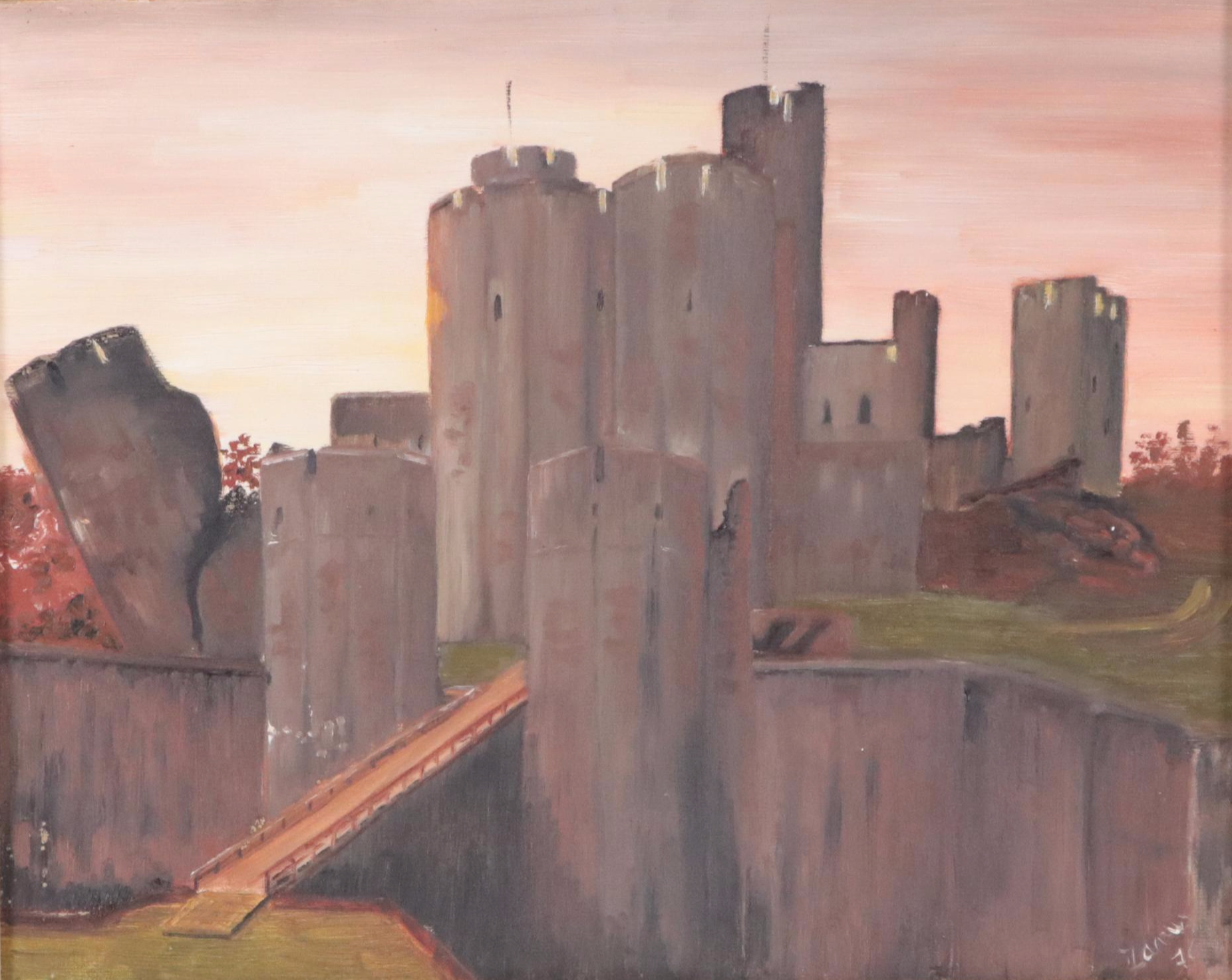 English Landscape Oil Painting "Caerphilly Castle, Wales," 1976
