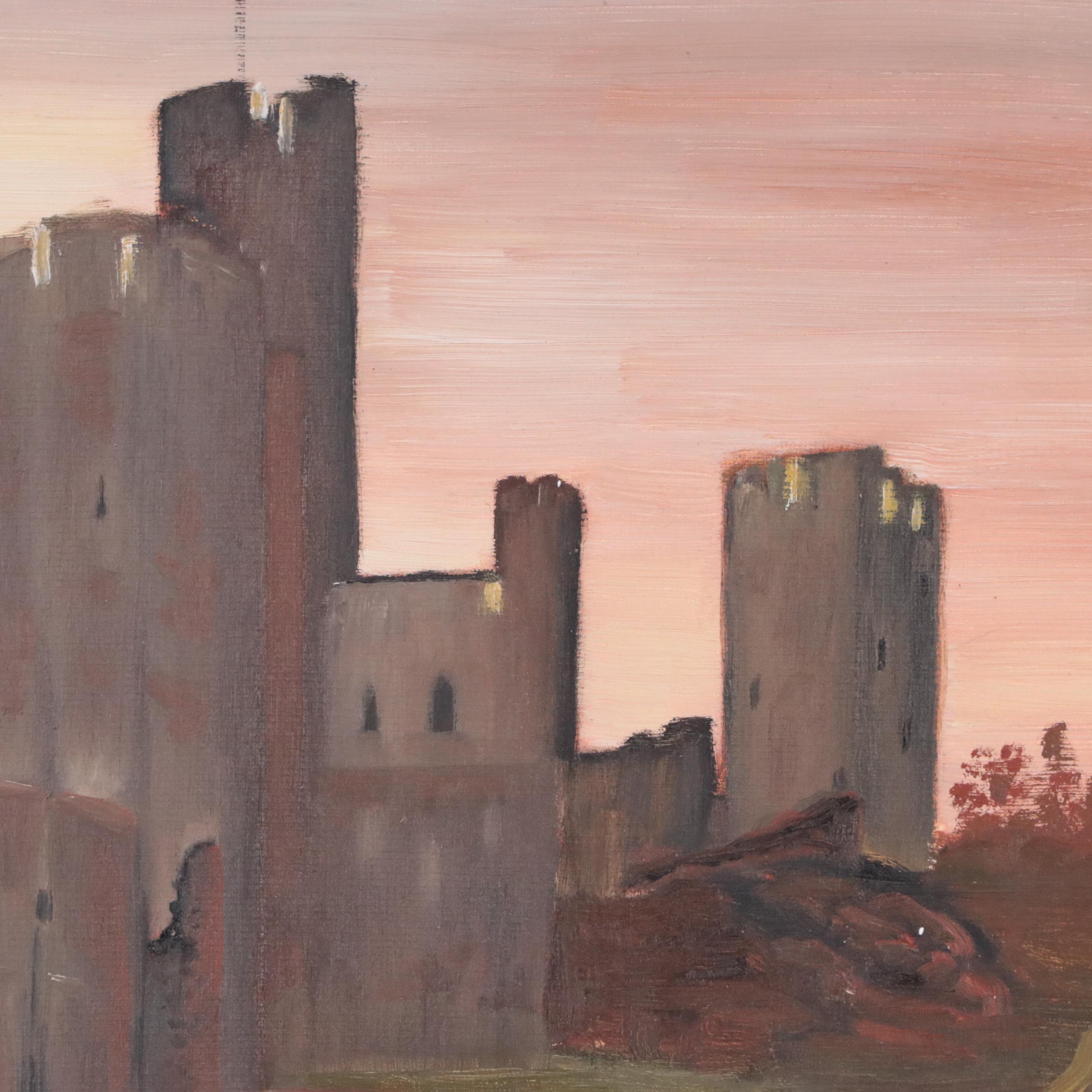 English Landscape Oil Painting "Caerphilly Castle, Wales," 1976