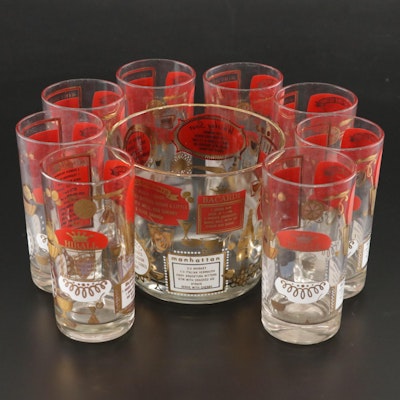 Mid Century Modern Jeannette Glass "Recipe" Cocktail Glasses and Ice Bucket