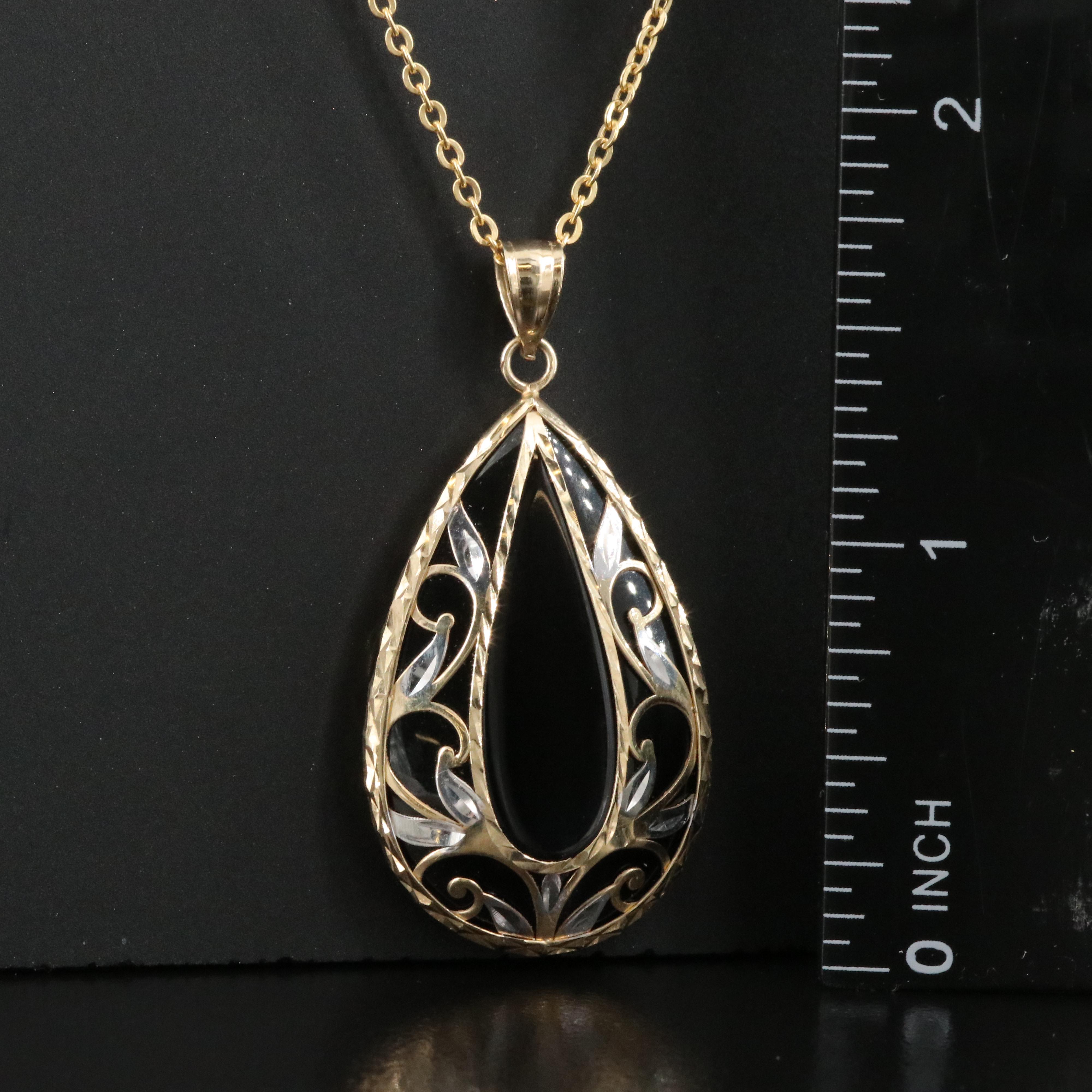 10K Two-Tone Gold Black Onyx Pendant on Italian Milor 14K Chain